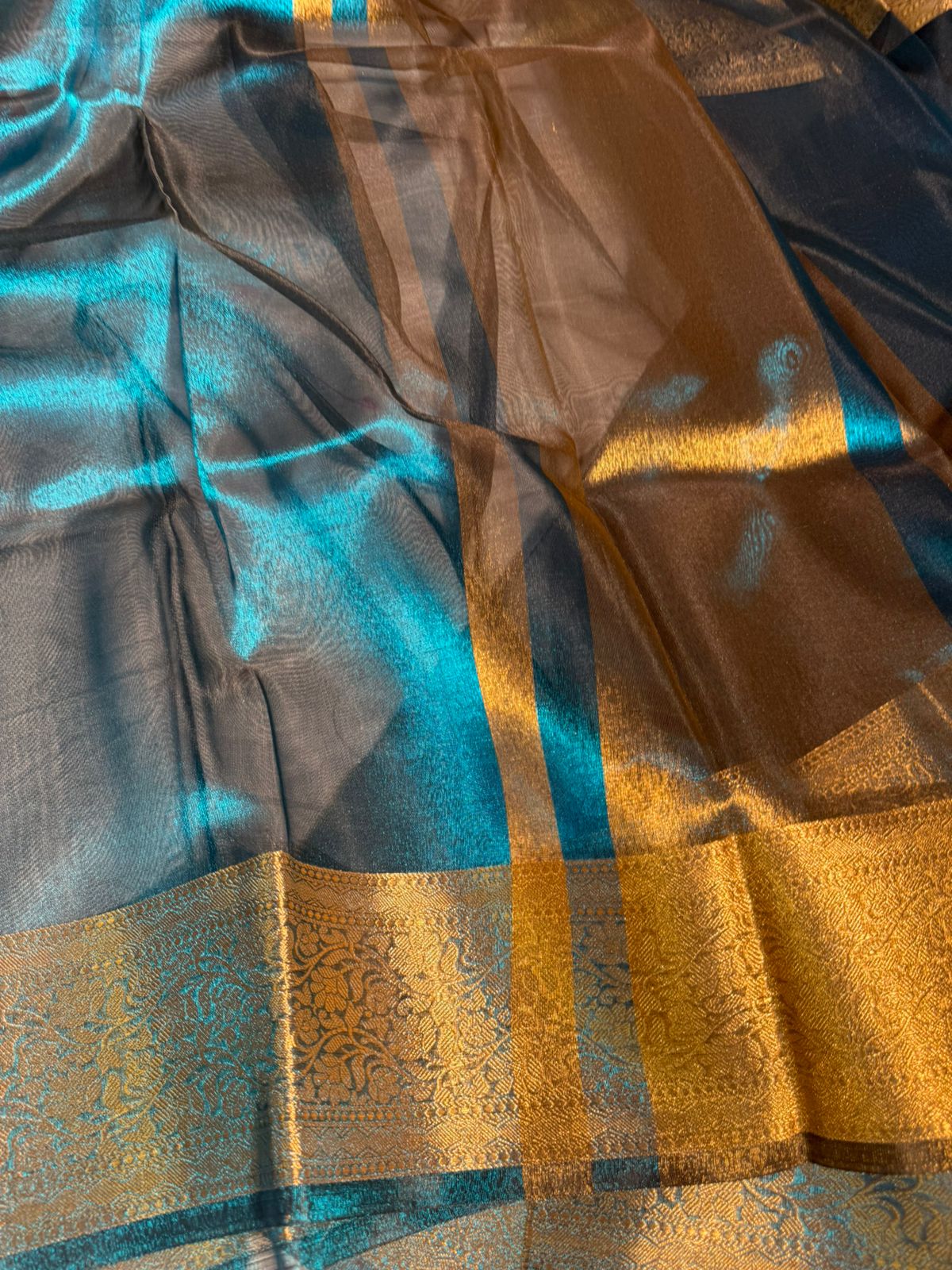 Metallic Blue Premium Banarasi Tissue Silk Saree with Traditional Weave Borders