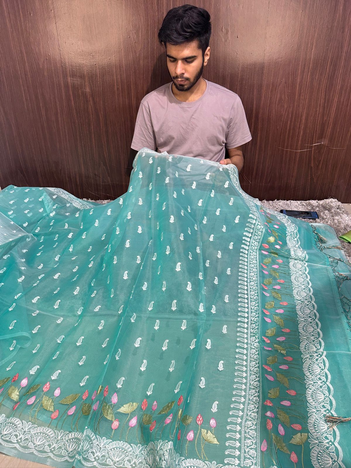 Pastel Seagreen Designer Chikankari Organza Banarasi Saree