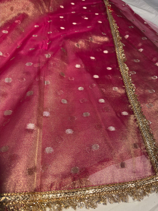Metallic Pink Zari Buti Weave Tissue Silk Saree with Premium Lace