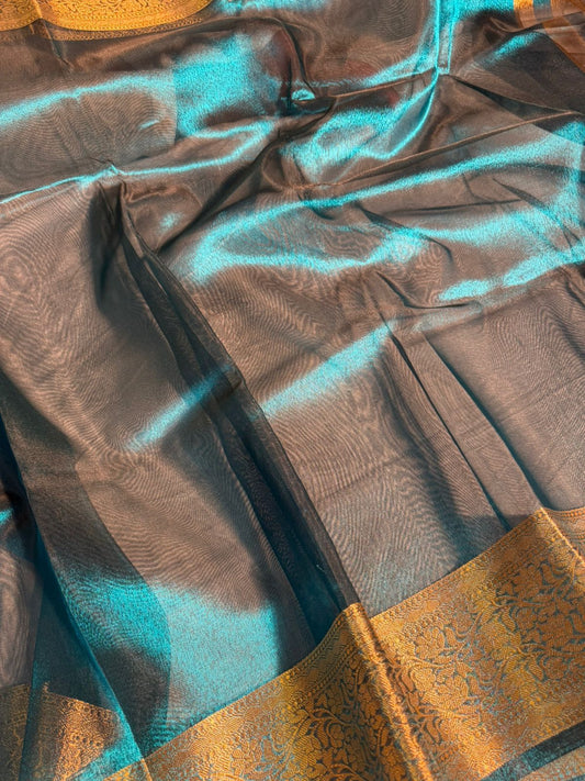 Metallic Blue Premium Banarasi Tissue Silk Saree with Traditional Weave Borders