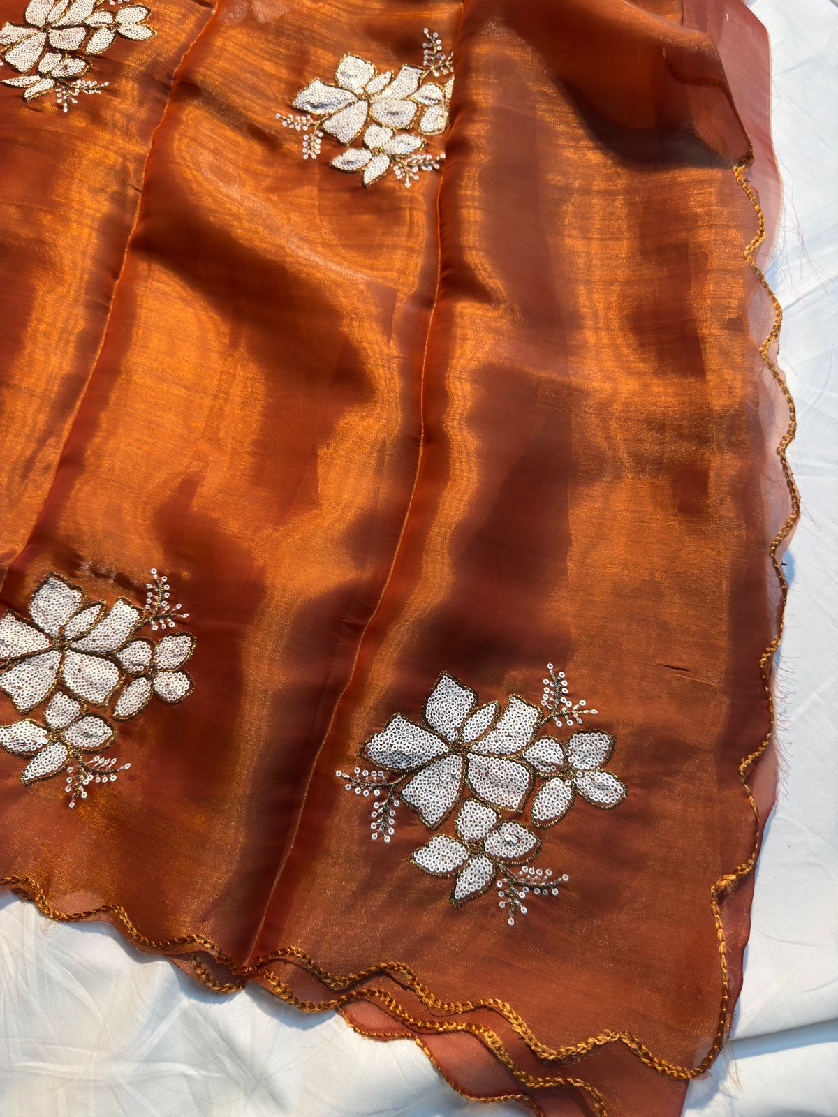 Rust Brown Shimmery Tissue Designer Saree with Sequence Buta