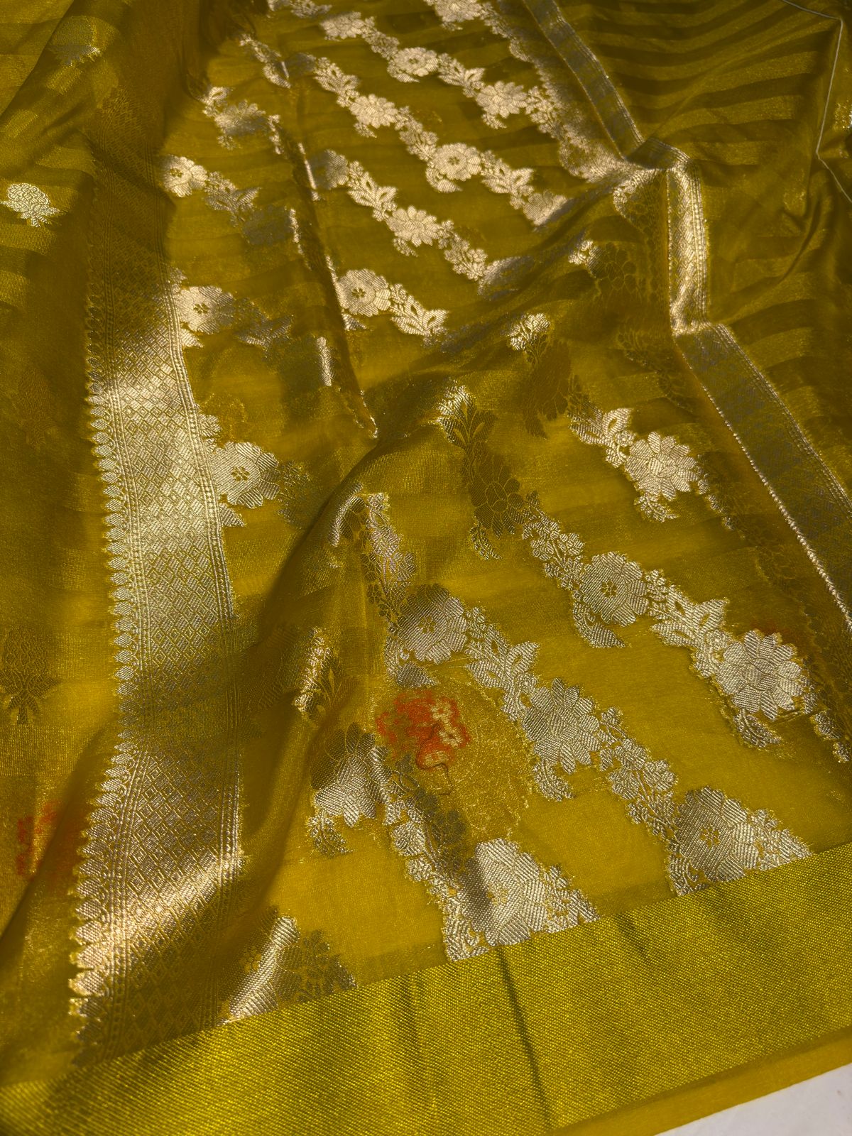 Handloom Inspired Meenakari Organza Silk Saree in Mustard Shade