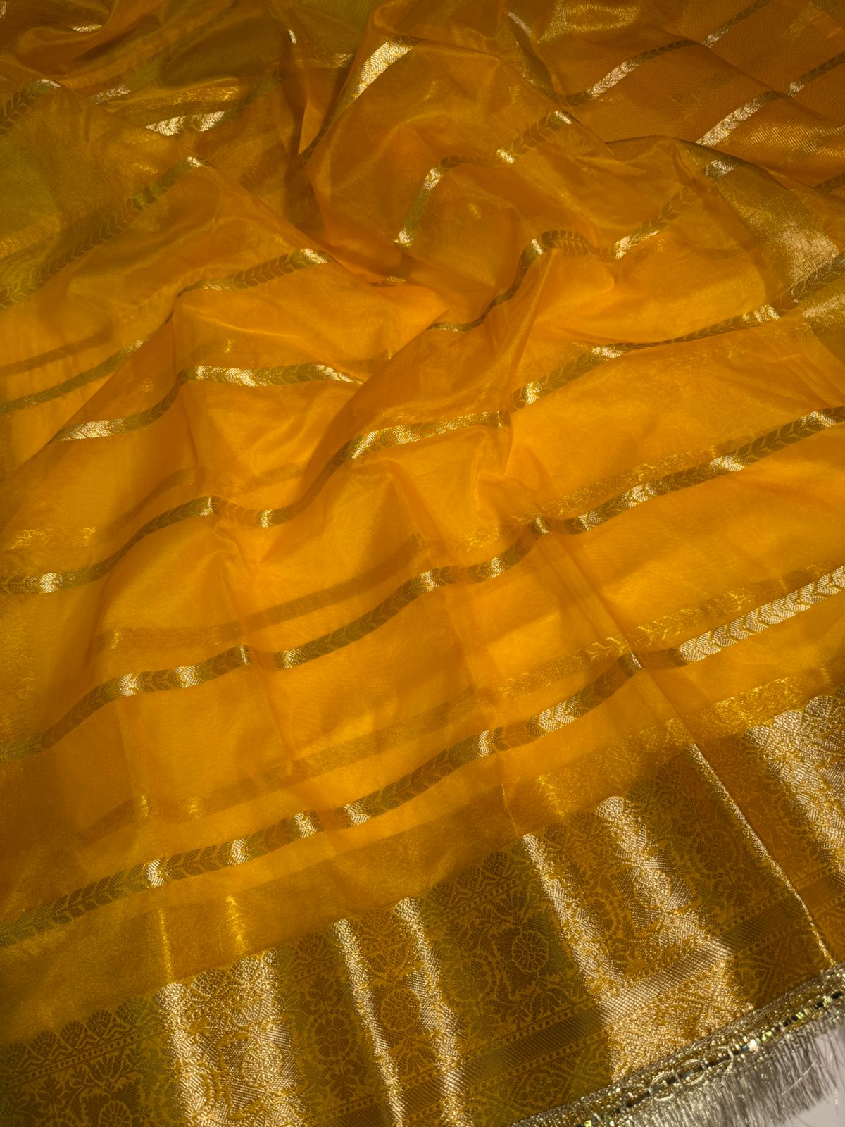 Yellow Banarasi Organza Silk Saree with Premium Lace