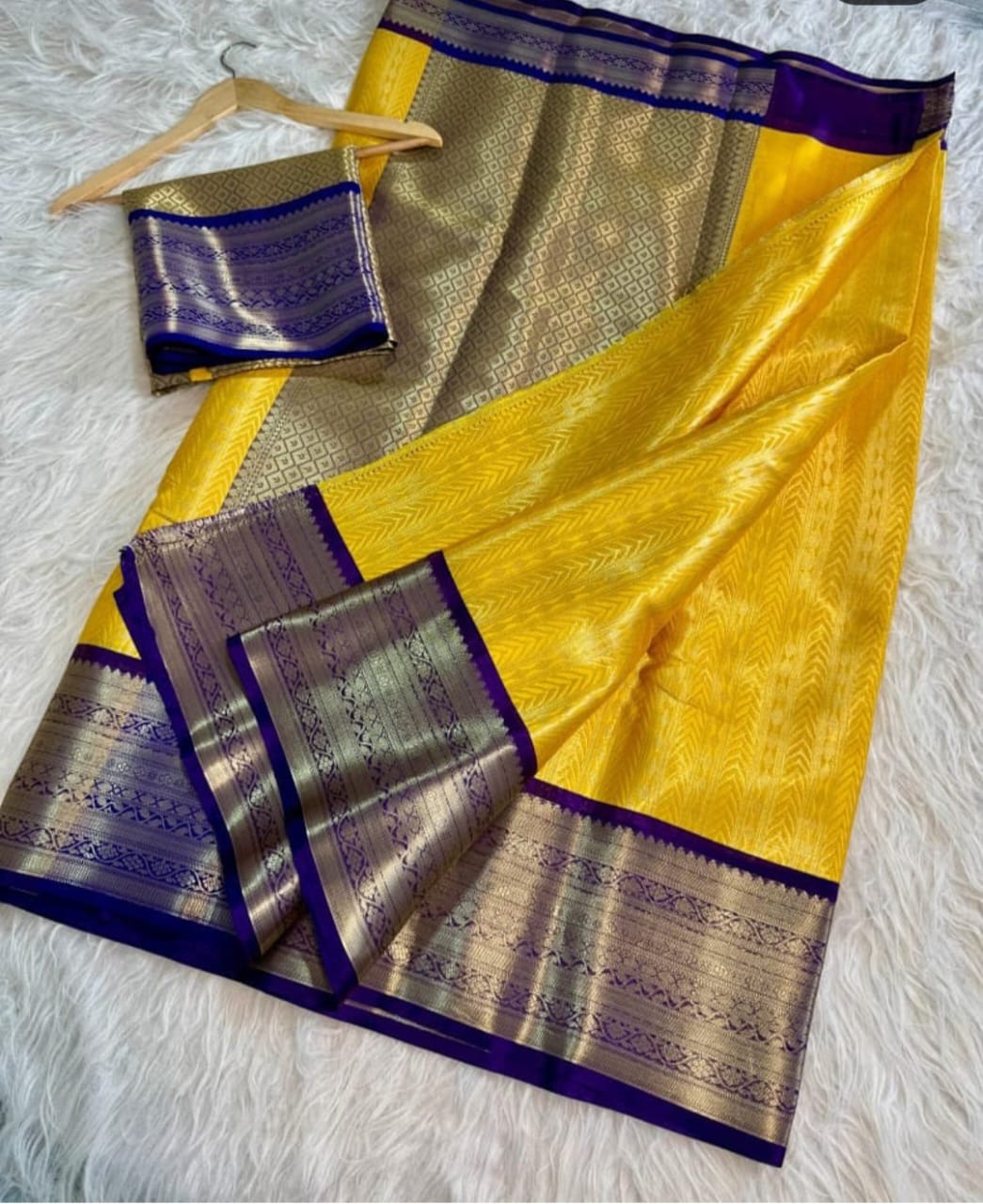 Yellow with Blue Banarasi Kanjeevaram Tissue Silk Saree