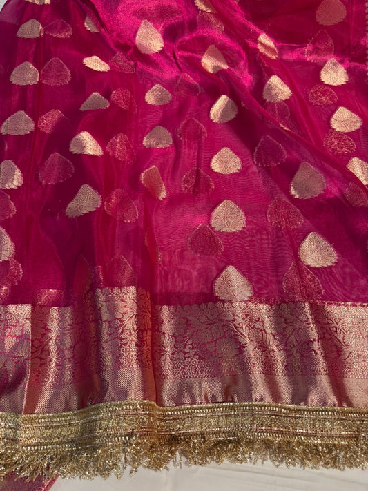 Rani Pink Maharani Tissue Silk Saree with Premium Lace Work