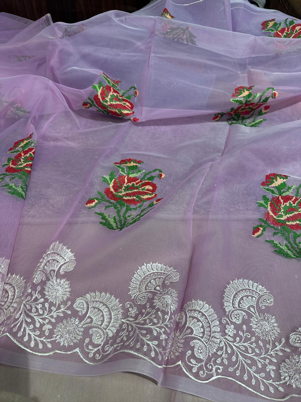 Pastel Lavender Designer Chikankari Organza Banarasi Saree