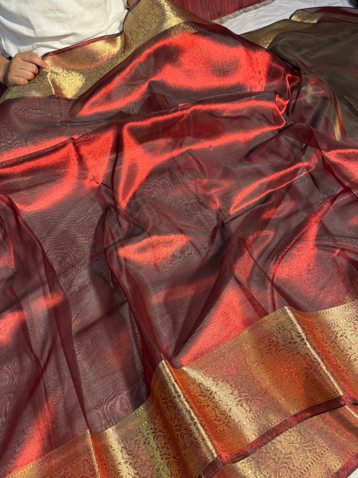 Metallic Maroon Premium Tissue Silk Saree with Traditional Floral Weave Borders
