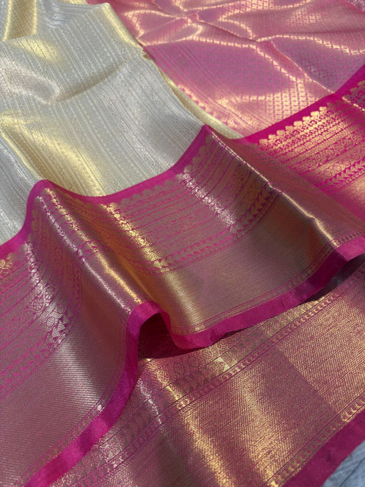 Cream with Pink Premium Kanjivaram Brocade Tissue Silk Banarasi Saree