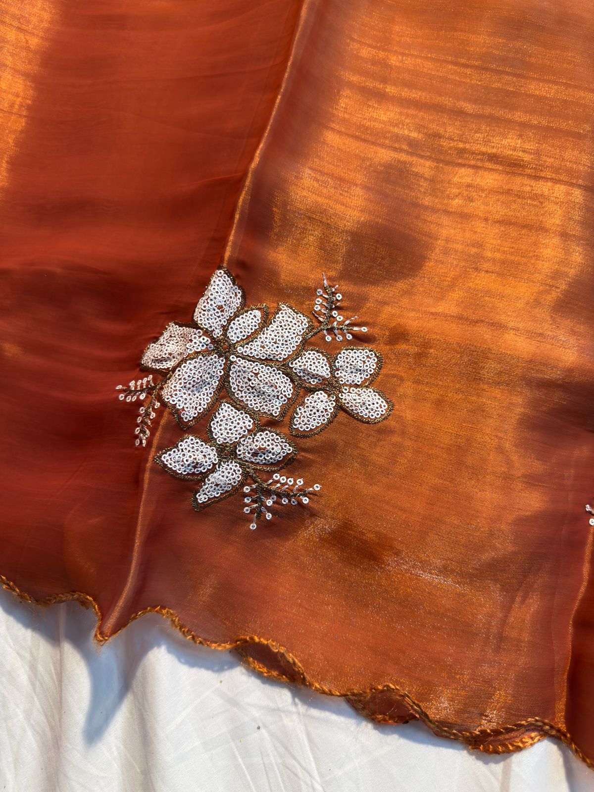 Rust Brown Shimmery Tissue Designer Saree with Sequence Buta