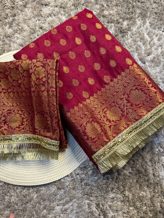 Maroon Khaddi Buti Georgette Silk Banarasi Saree with Premium Lace