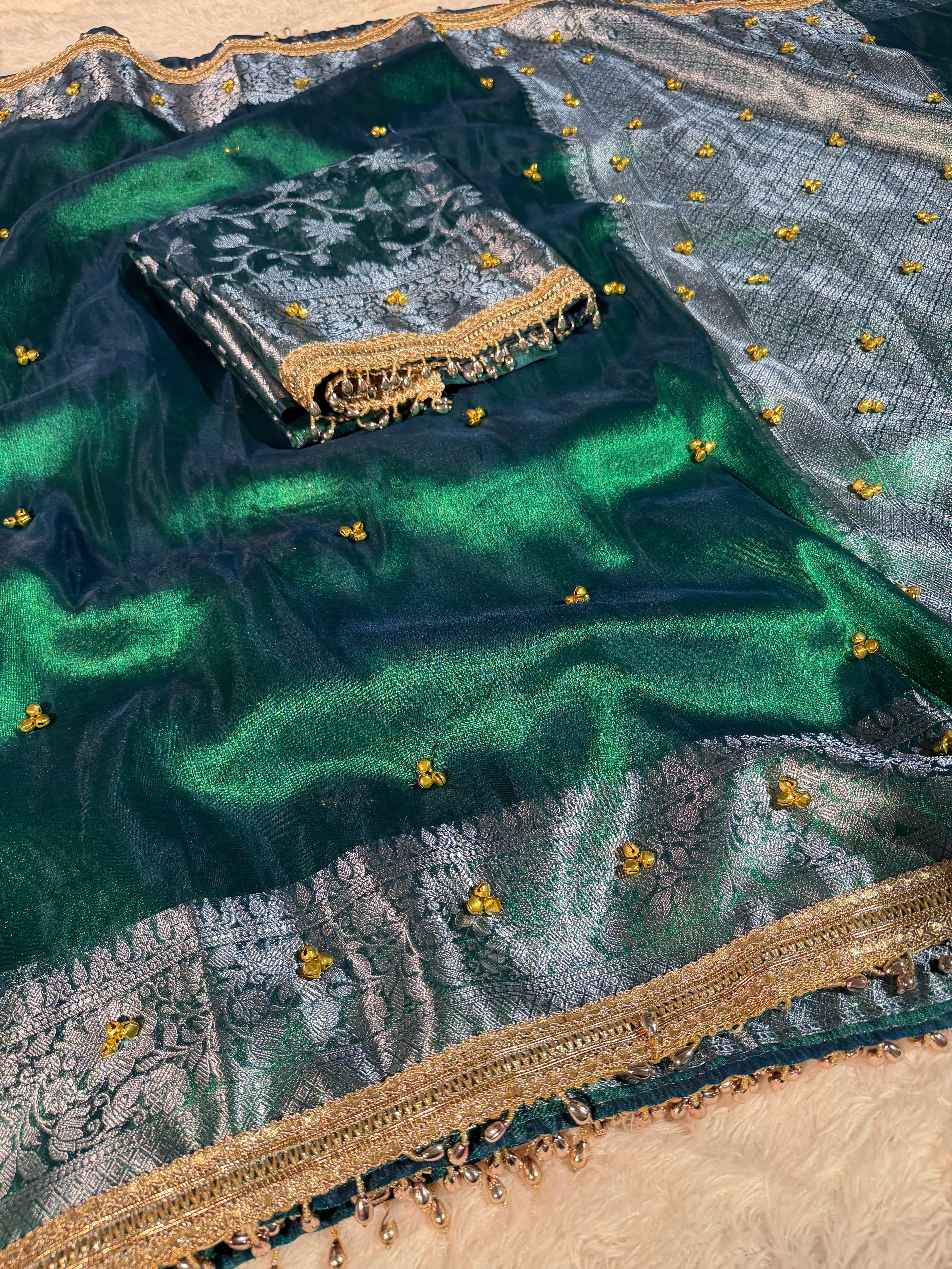 Ghungroo Handwork Metallic Sapphire Green Premium Tissue Silk Banarasi Saree