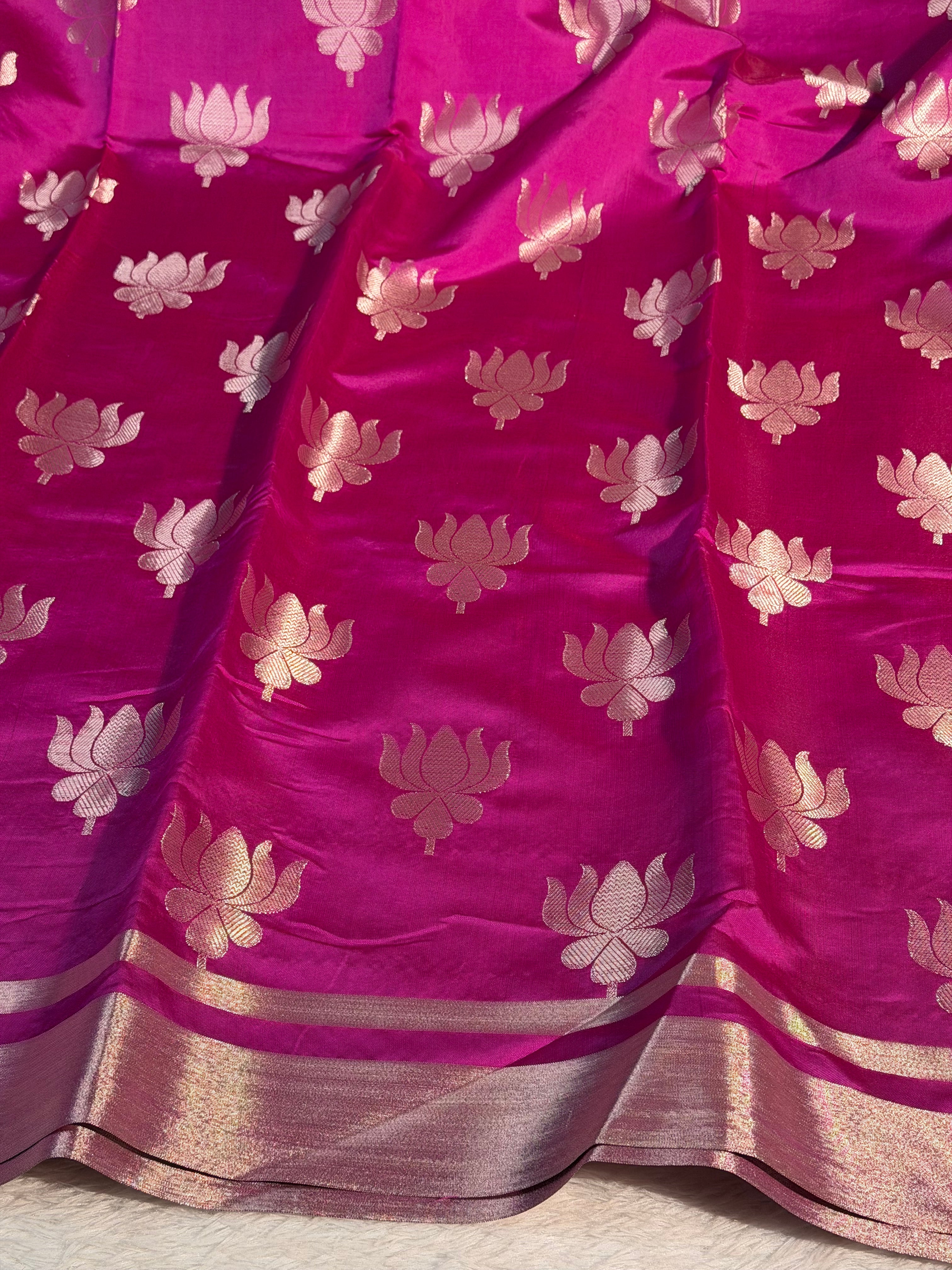 Rani Pink Premium Soft Katan Silk Banarasi Saree with Lotus Buta Weave