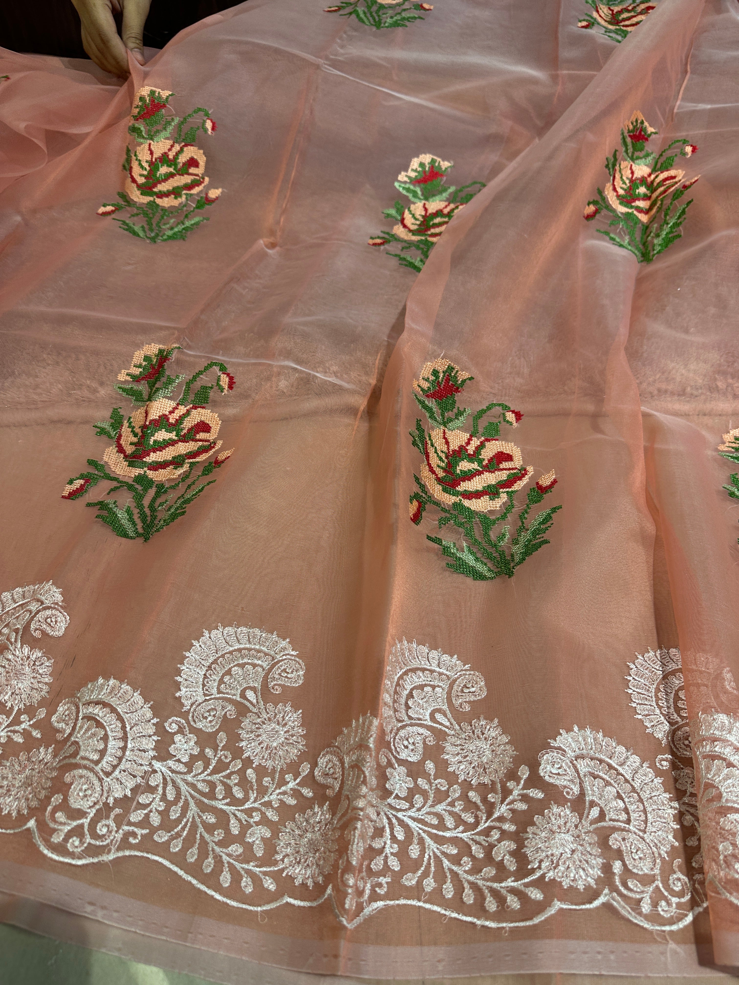 Pretty Peach Multi Floral Chikankari Banarasi Organza Silk Saree