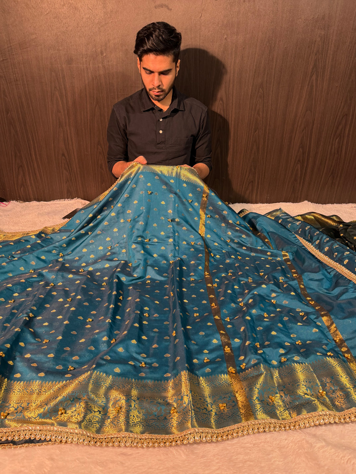 Viral Ghungroo Handwork Firozi Premium Katan Silk Banarasi Saree