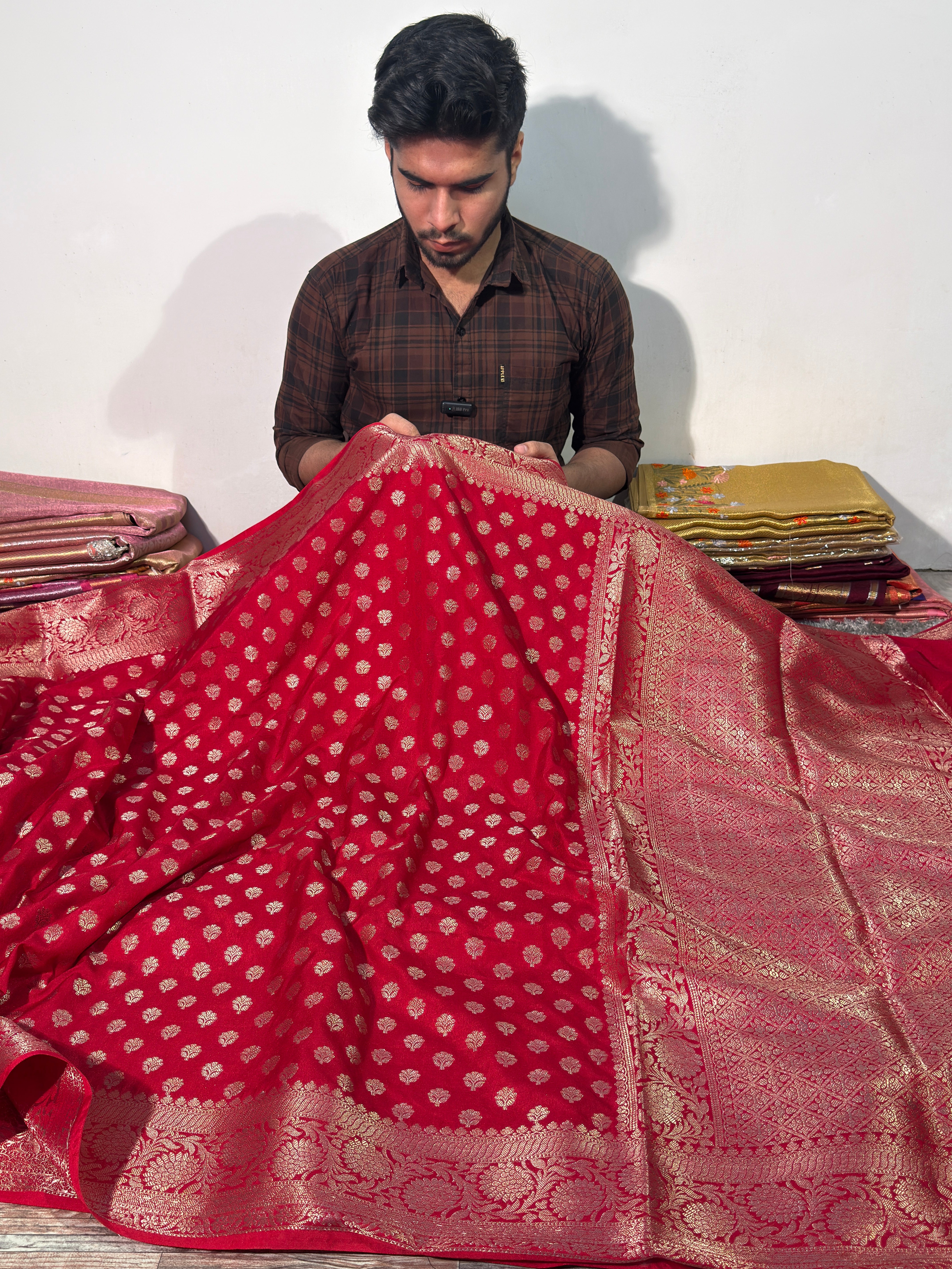 Red Premium Georgette Silk Banarasi with Zari Buti Weave