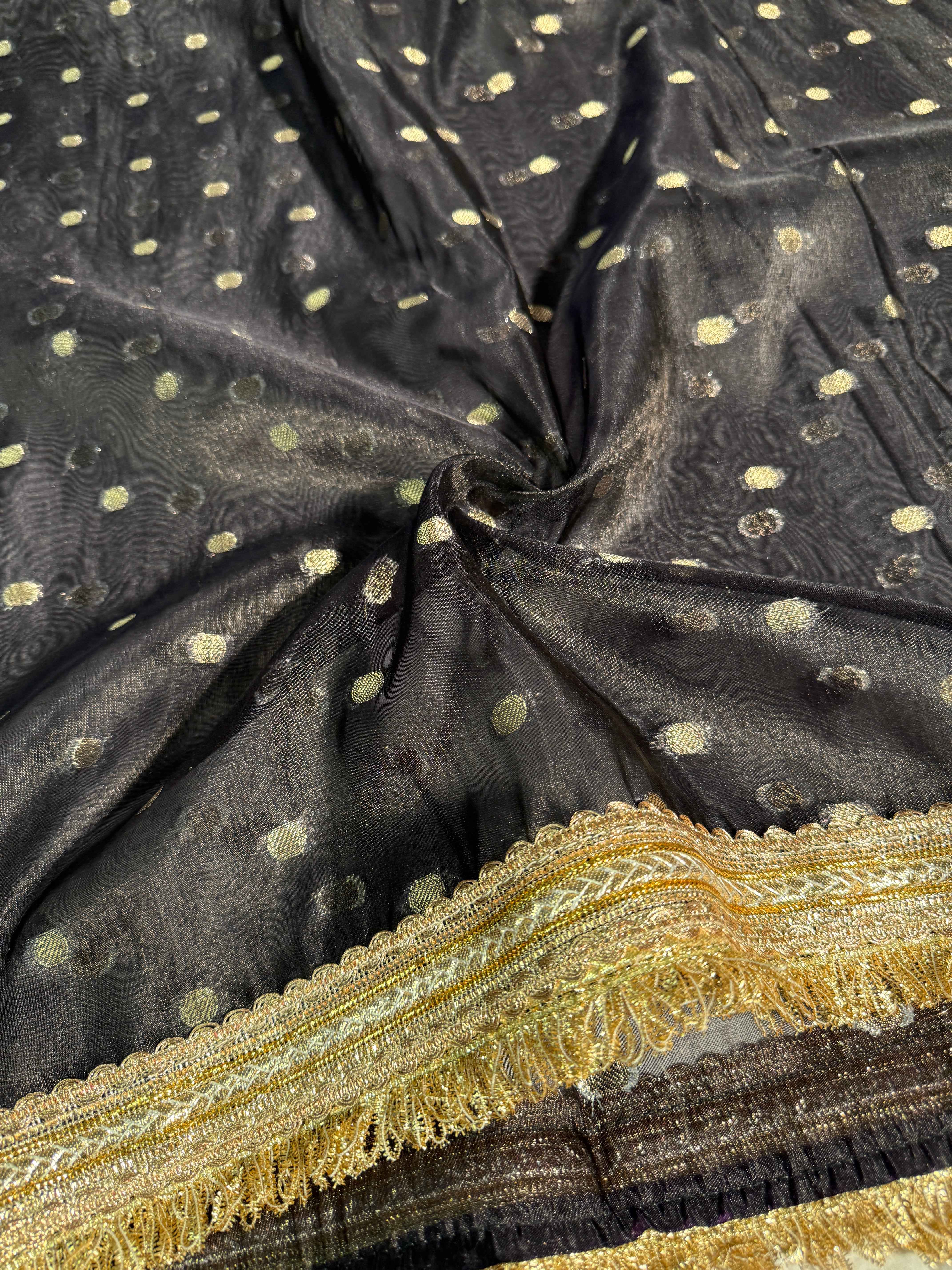 Ready To Wear Metallic Black Tissue Silk Saree with Lace Attached