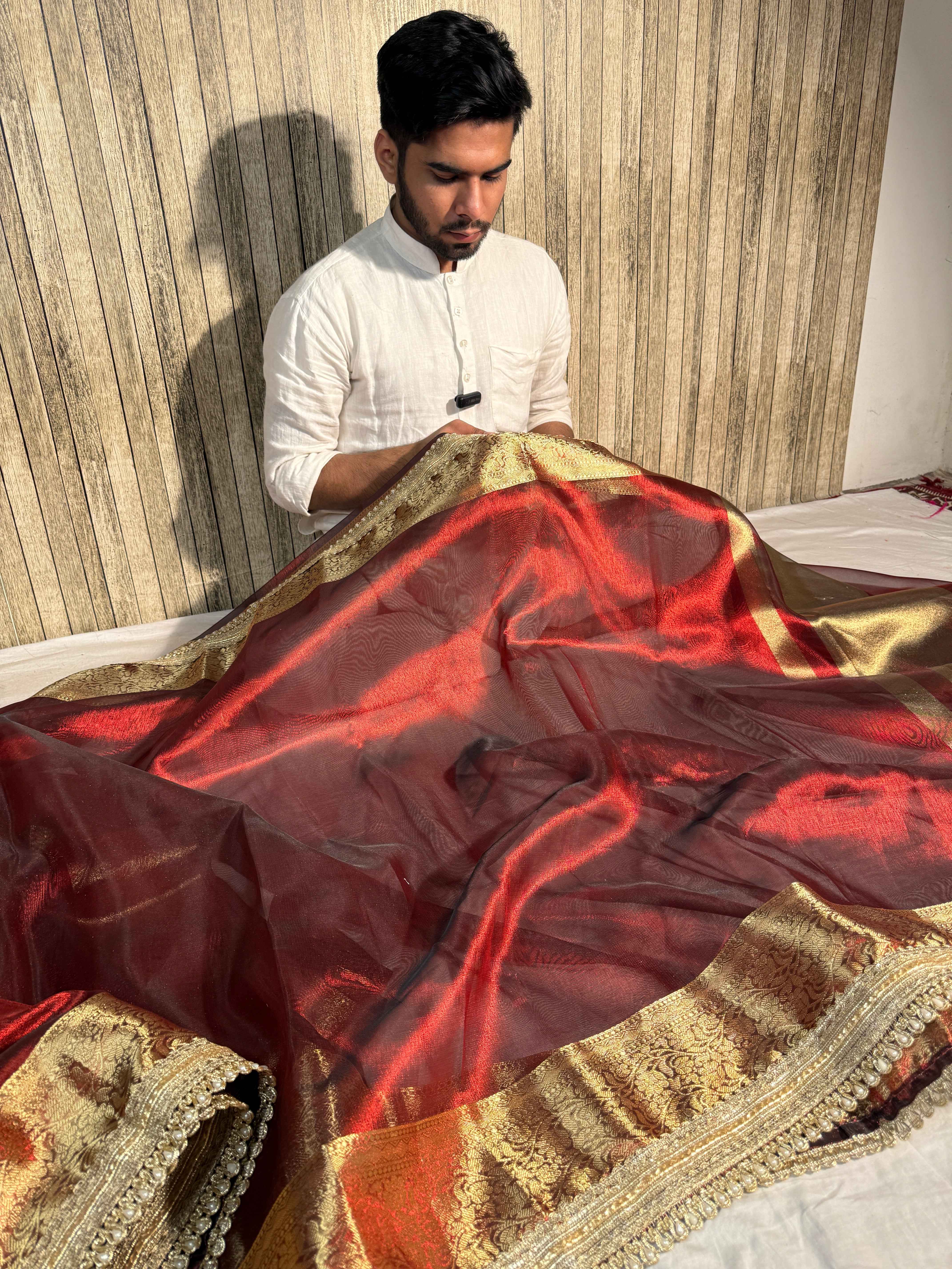 Metallic Maroon Premium Tissue Silk Moti Lace Attached Banarasi Saree