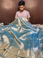 Beautiful Metallic Blue Colour Bridal Tissue Silk Saree With Lace Work