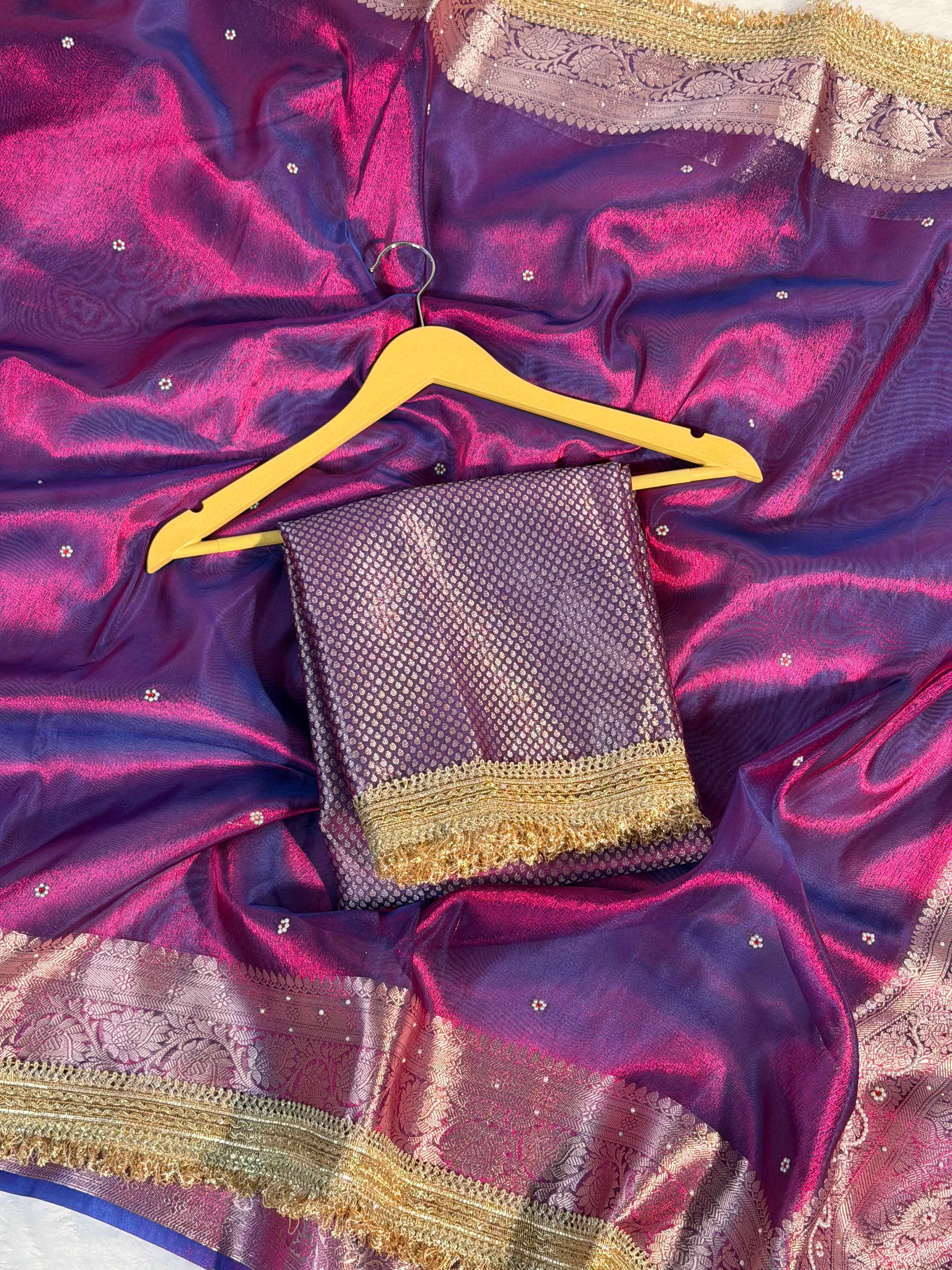 Rare Baigani Premium Tissue Silk Saree Hand Moti Stone Work with Lace Attached