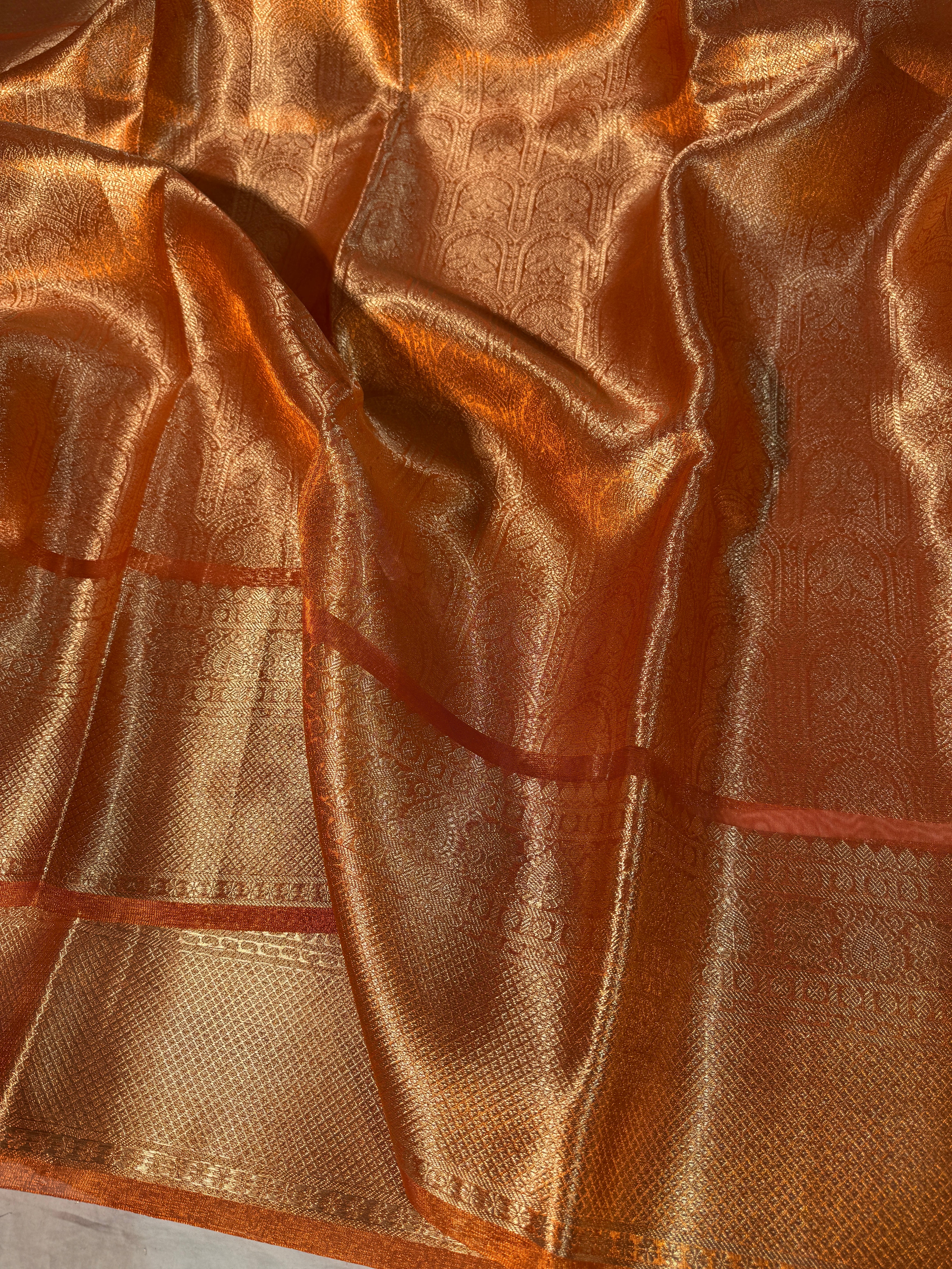 Metallic Orange Premium Kanjivaram Brocade Tissue Silk Banarasi Saree