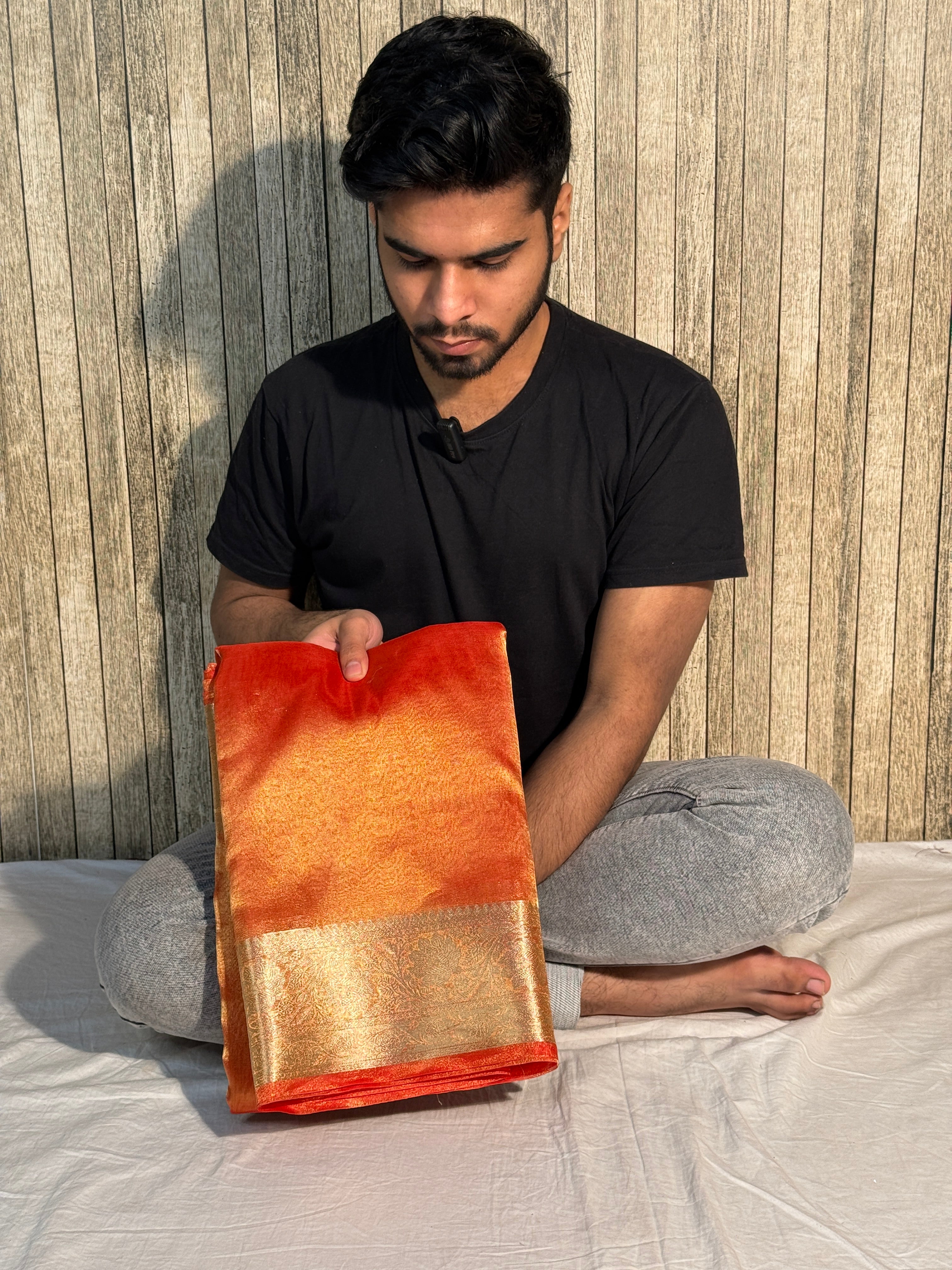 Metallic Orange Pure Tissue Silk Banarasi Saree with Traditional Weave Borders