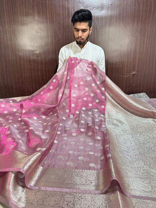 Beautiful Metallic Pink Colour Bridal Tissue Silk Saree