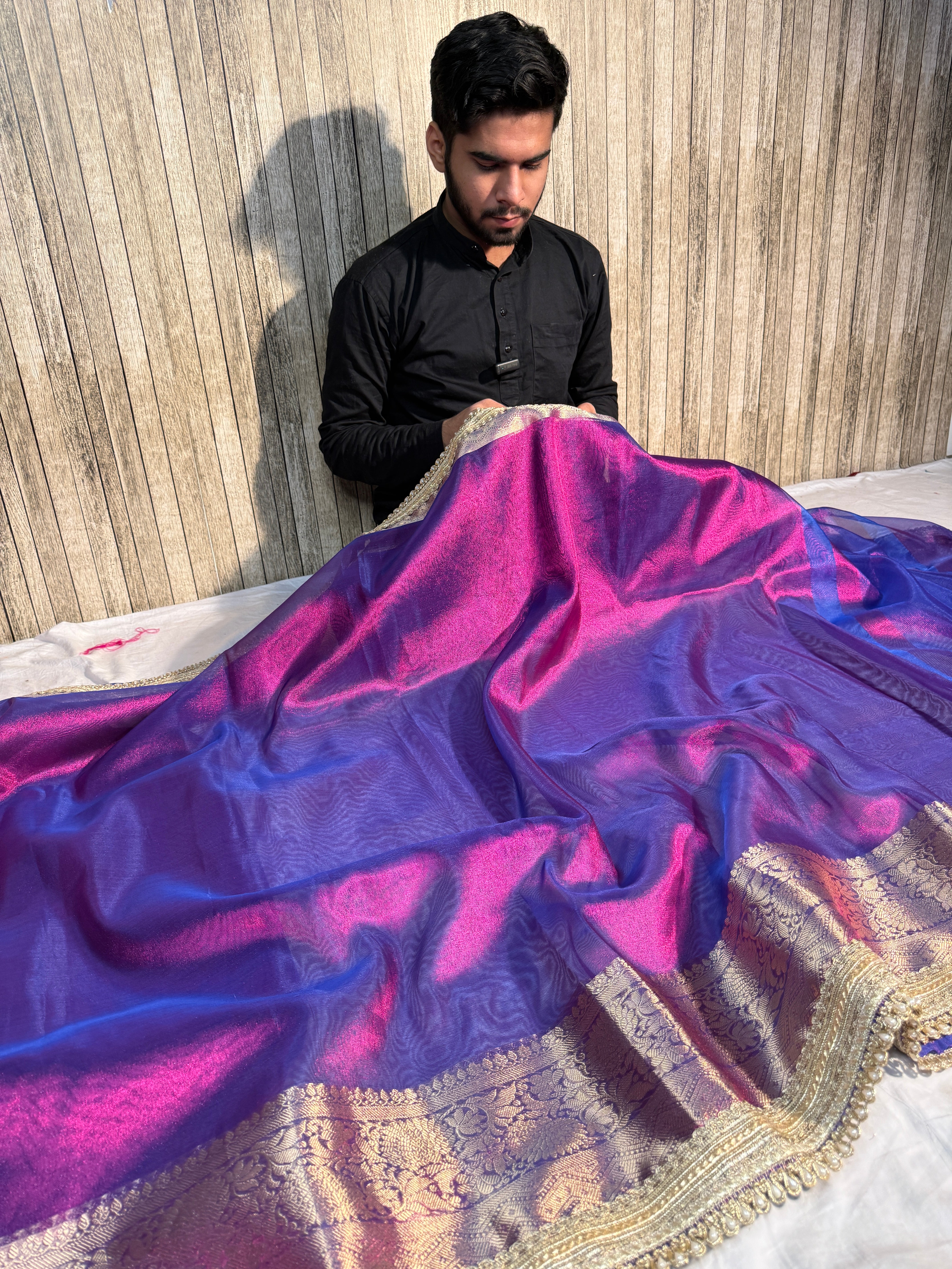 Rare Baigani Premium Tissue Silk Moti Lace Attached Banarasi Saree