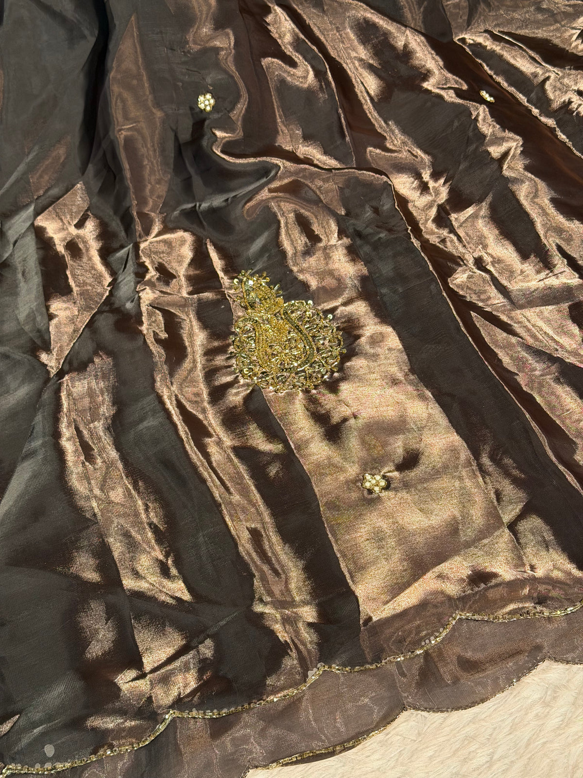 Brown Premium Shimmery Tissue Silk Handwork Saree