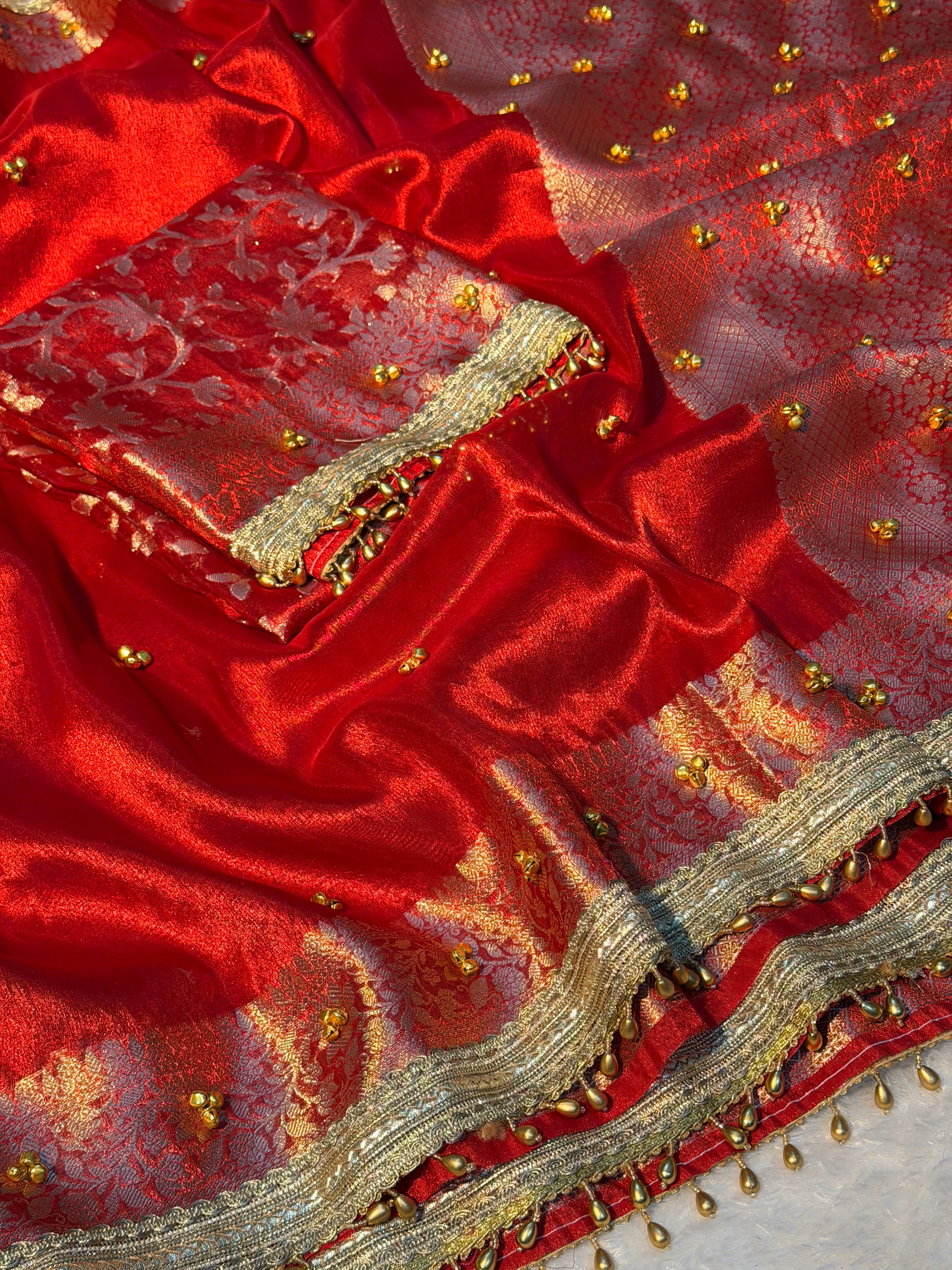 Ghungroo Handwork Bridal Red Premium Tissue Silk Banarasi Saree