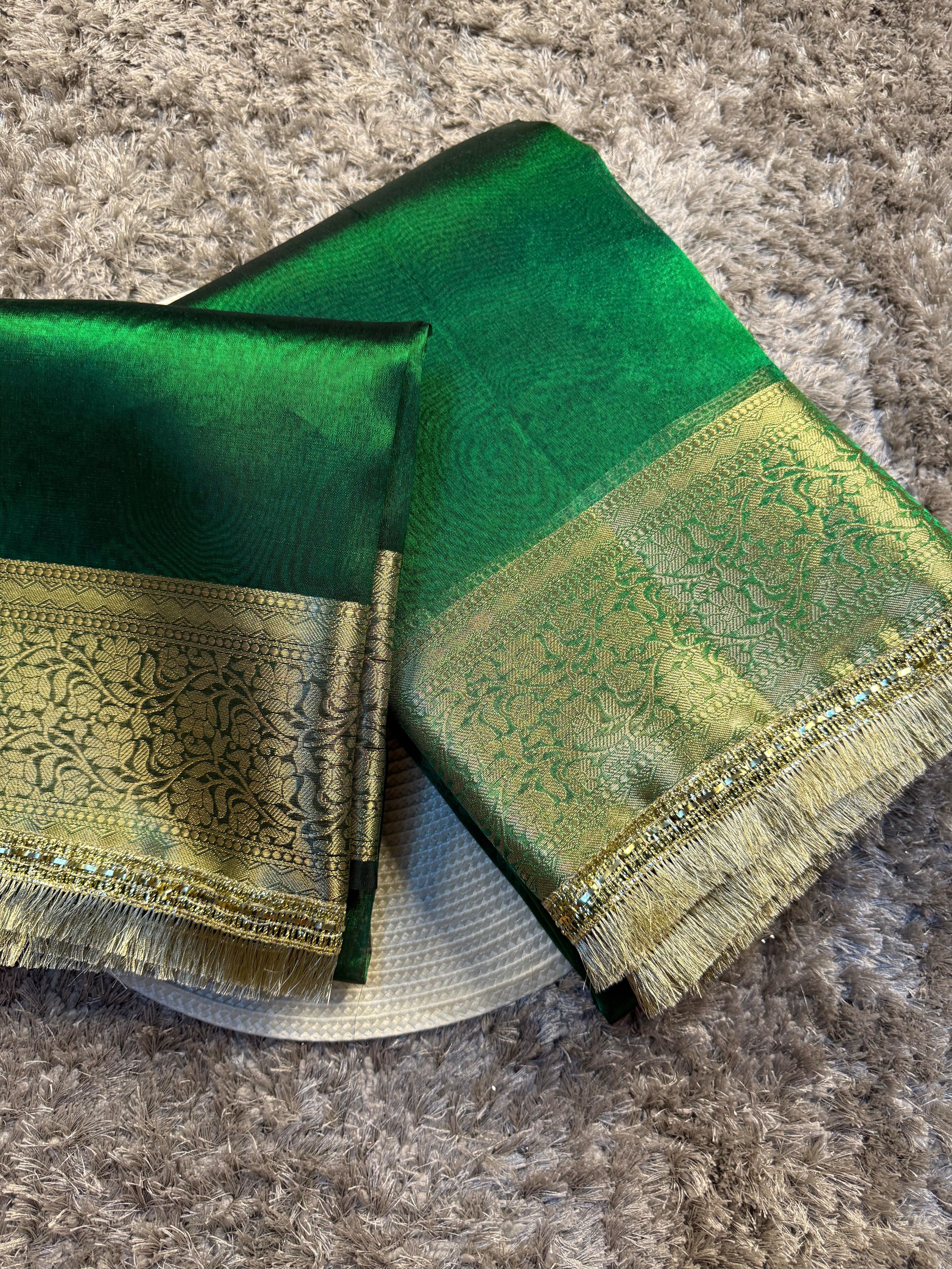Metallic Green Traditional Banarasi Tissue Silk Saree with Premium Lace