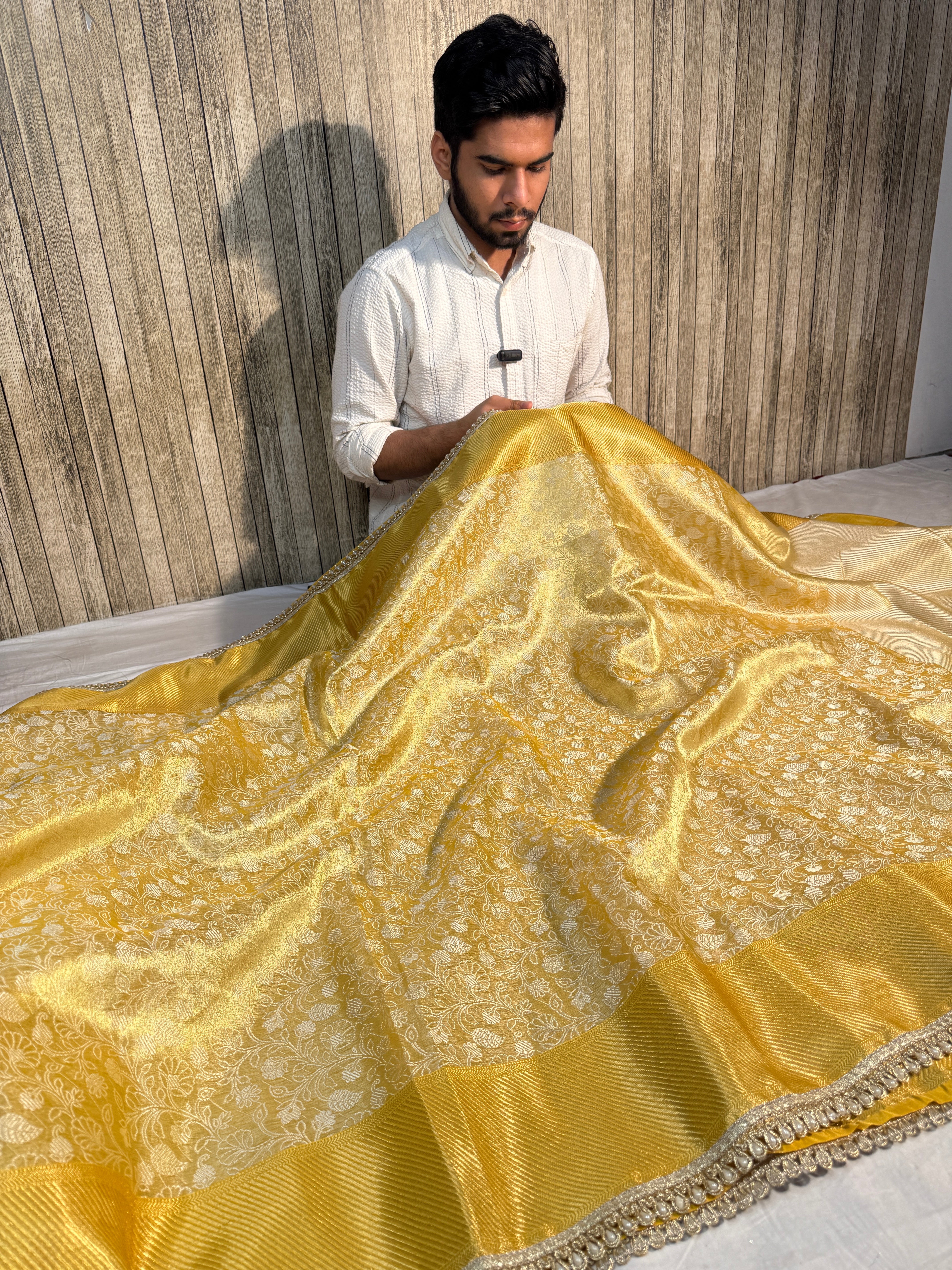 Celebrity Inspired Premium Kanjeevaram Tissue Silk Banarasi Saree with Moti Lace