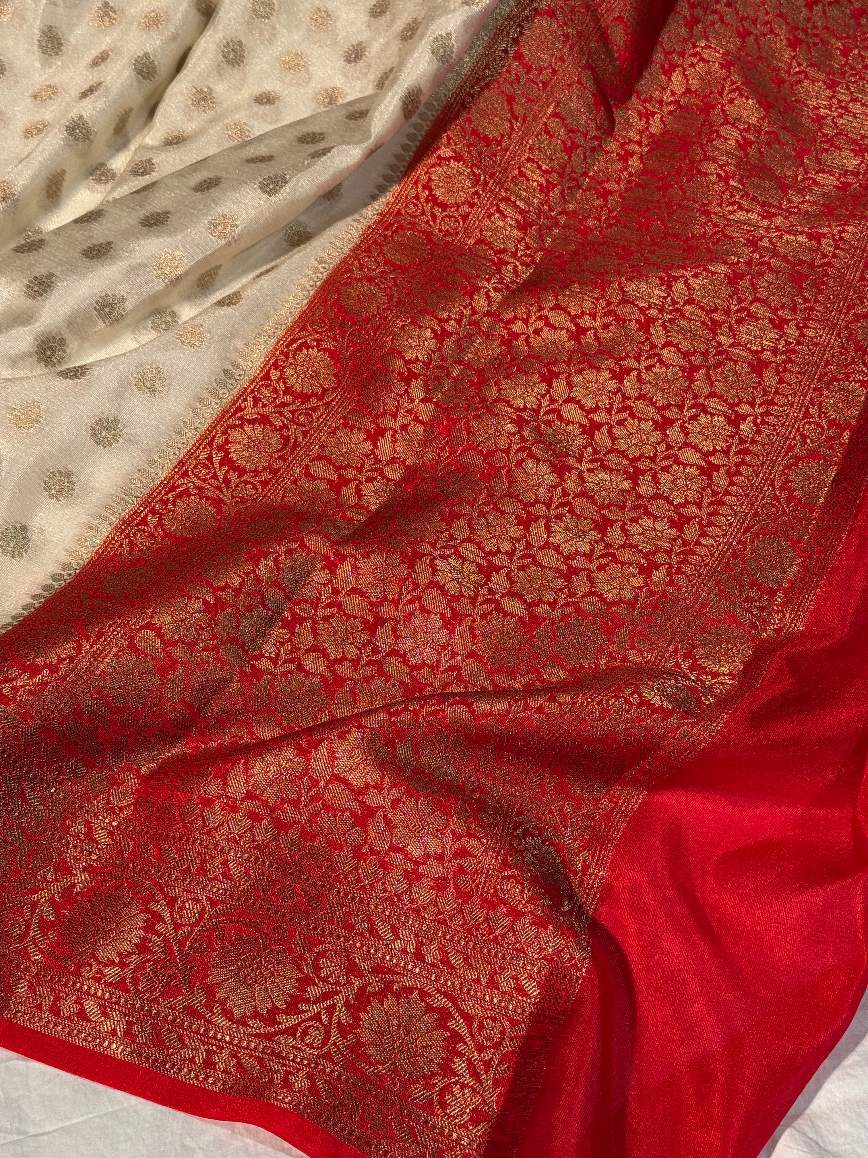 Cream with Red Premium Georgette Banarasi Saree with Khaddi Buti Weave