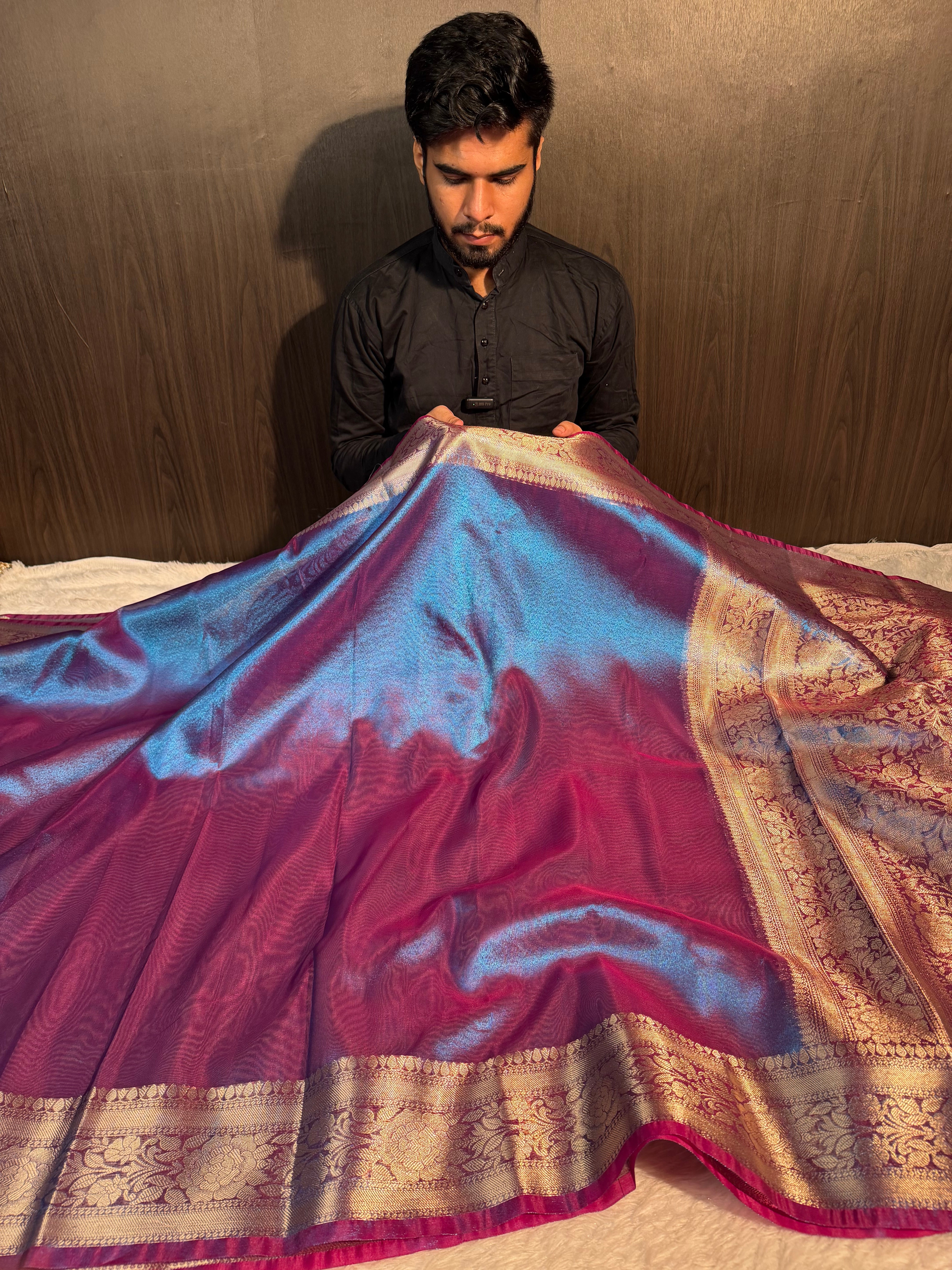Dual Shaded Metallic Firozi Blue Premium Tissue Silk Banarasi Saree