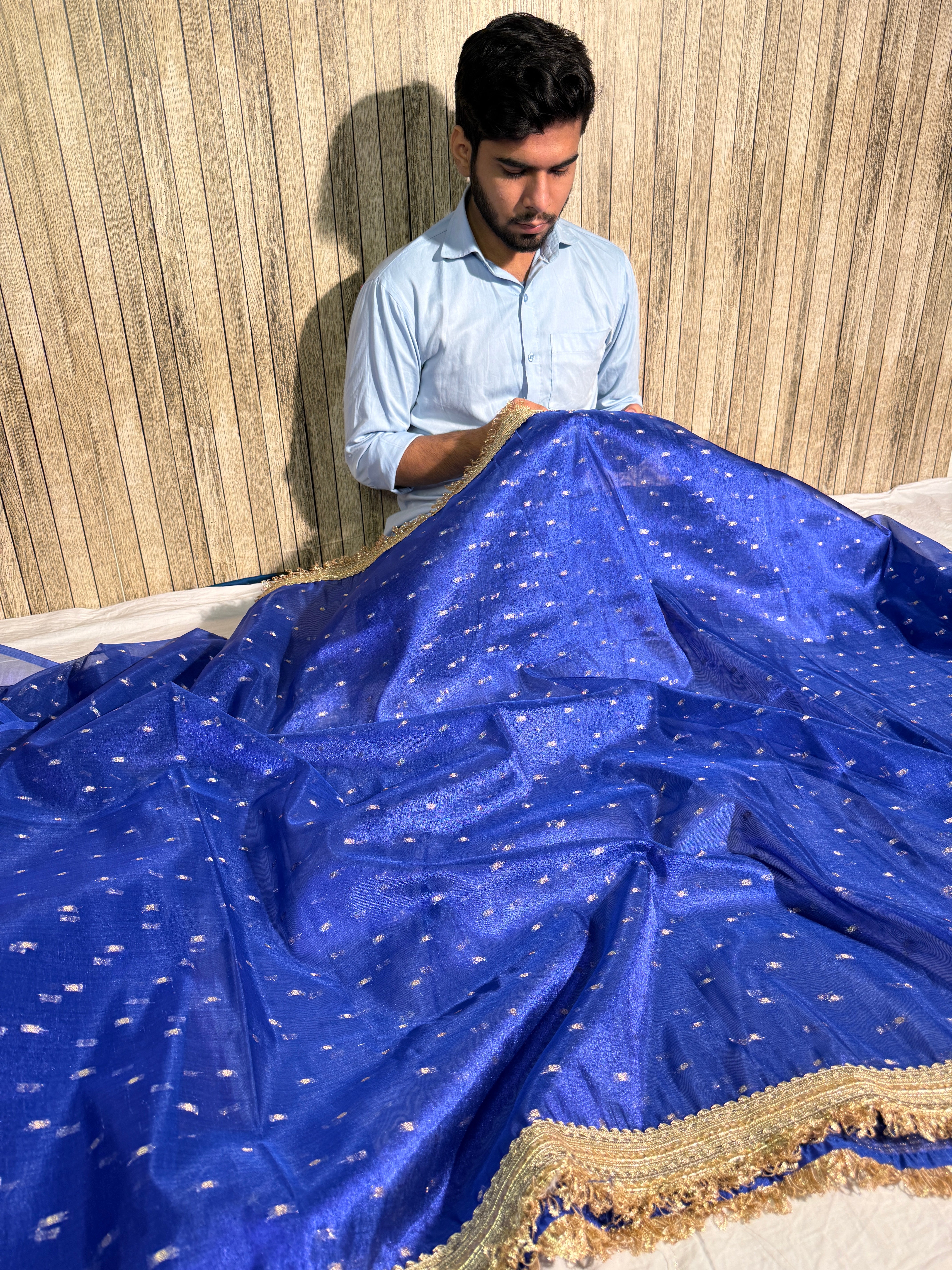 Metallic Royal Blue Premium Tissue Silk Lace Attached Banarasi Saree