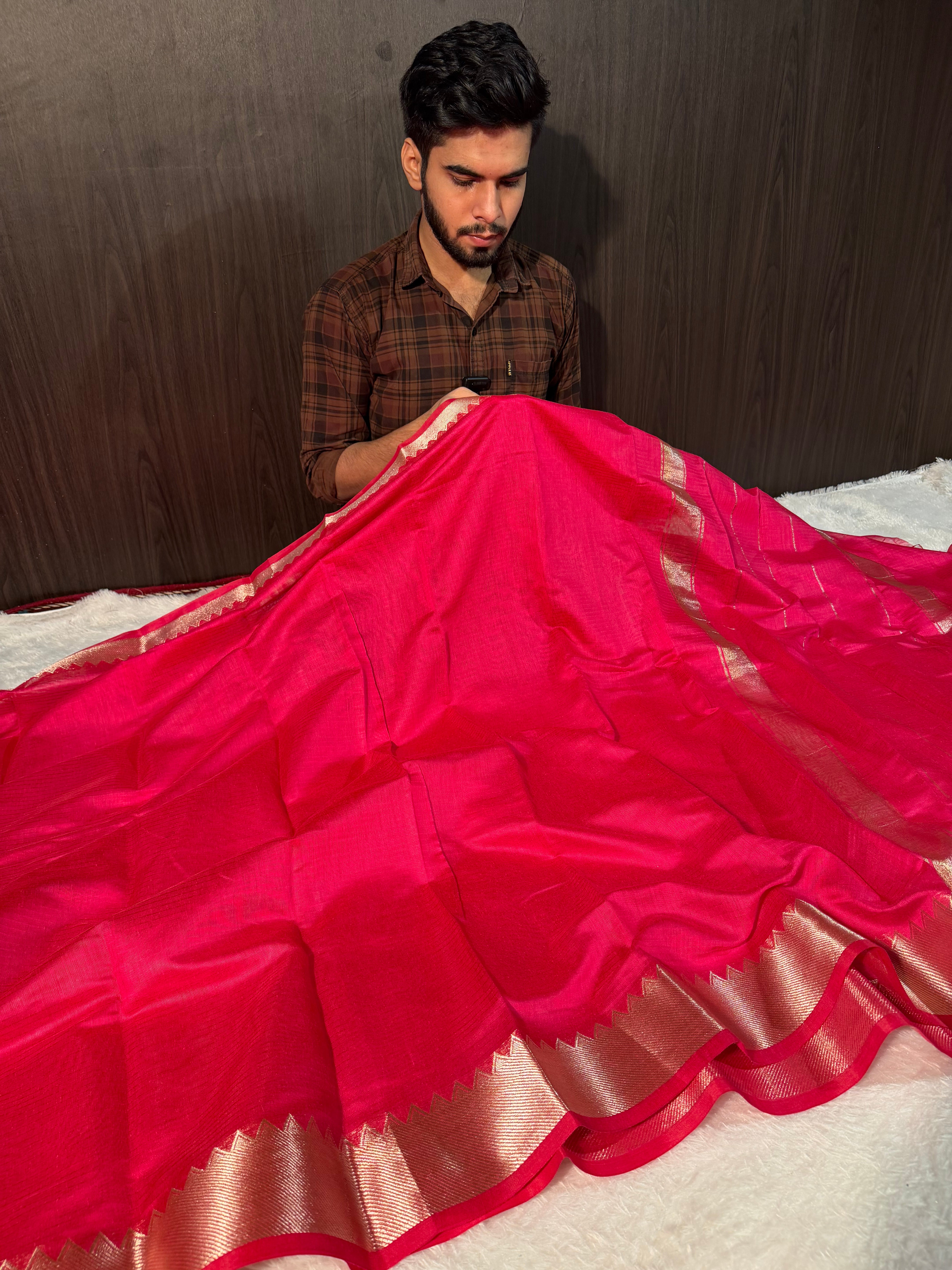Cherry Pink Premium Mangalagiri Cotton Silk Banarasi Saree