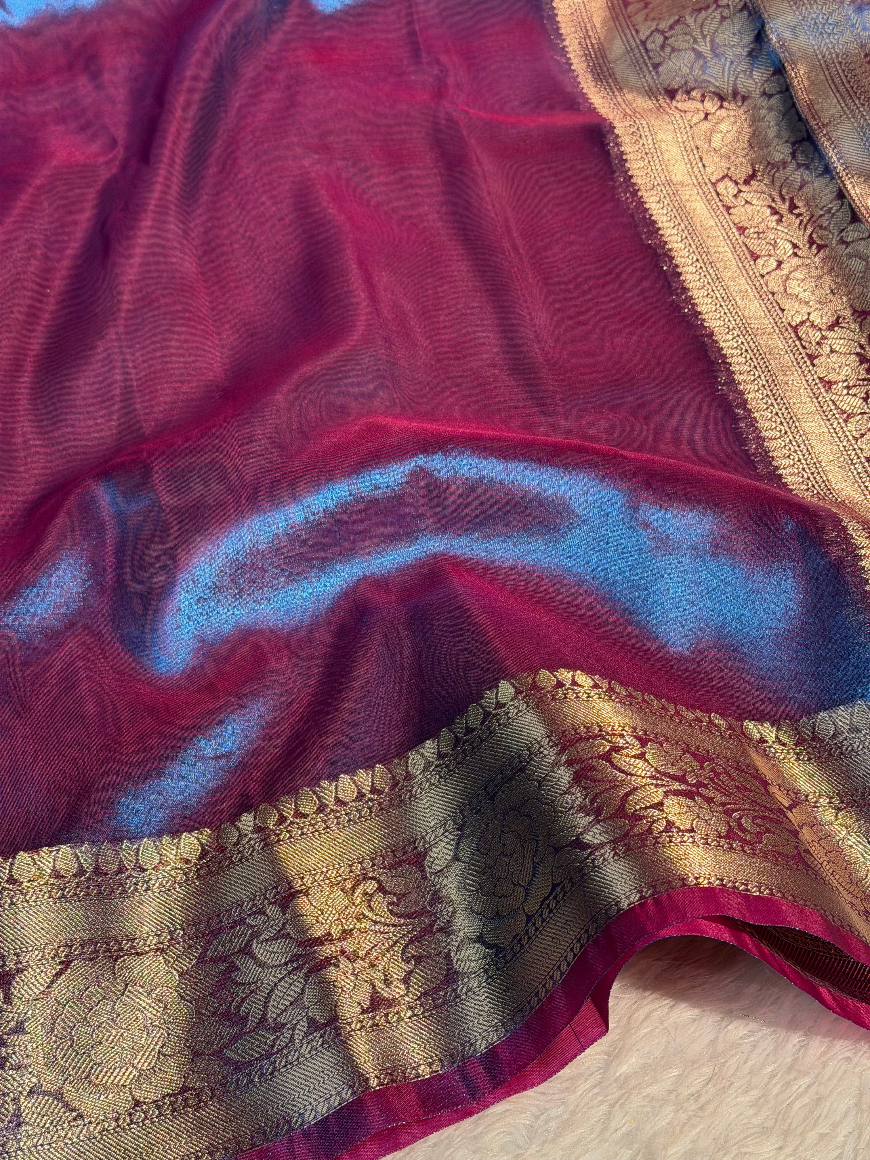 Dual Shaded Metallic Firozi Blue Premium Tissue Silk Banarasi Saree