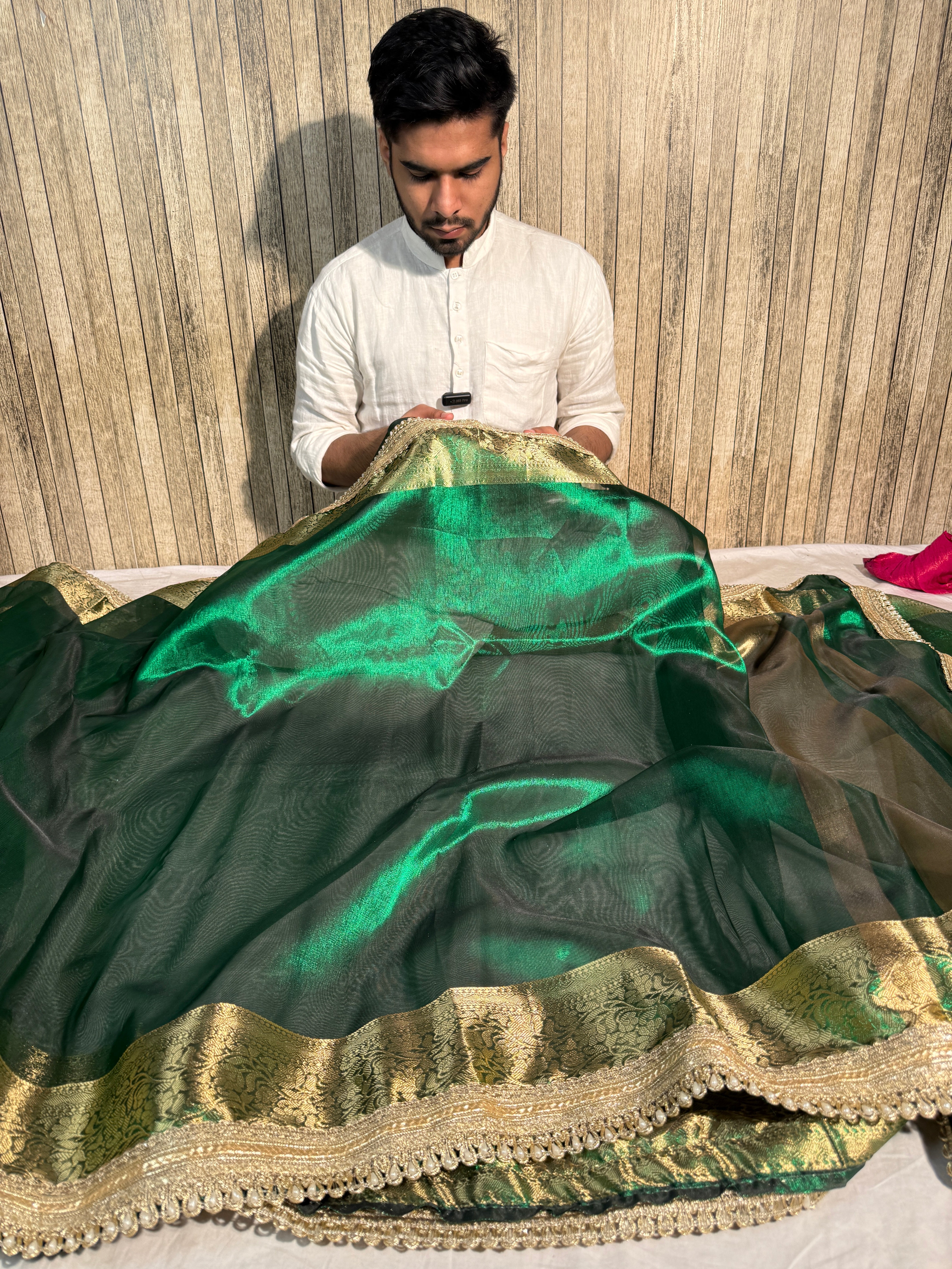 Metallic Green Bridal Tissue Silk Lace Work Banarasi Saree