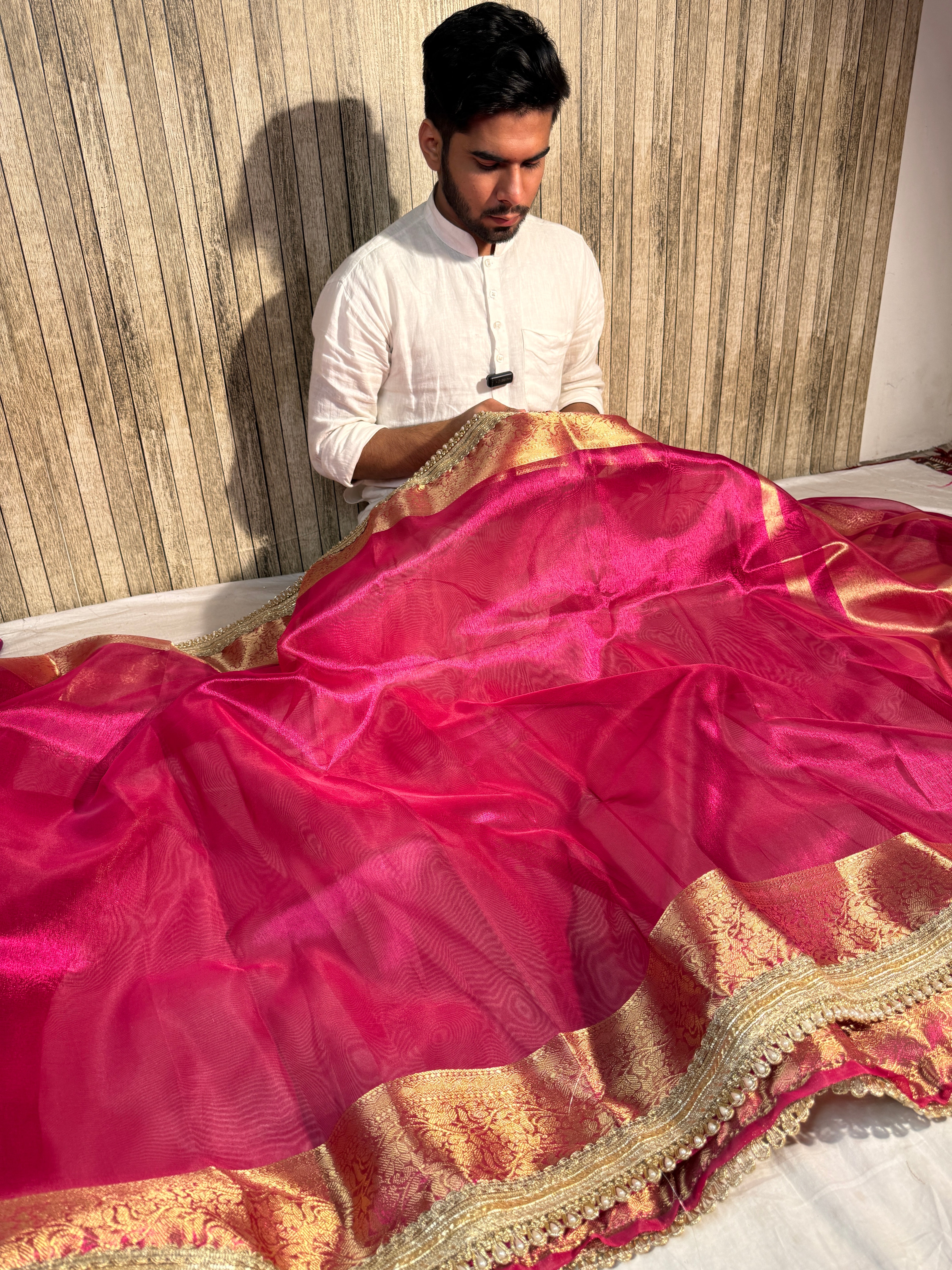Ready To Wear Metallic Rani Pink Tissue Silk Saree with Lace Work