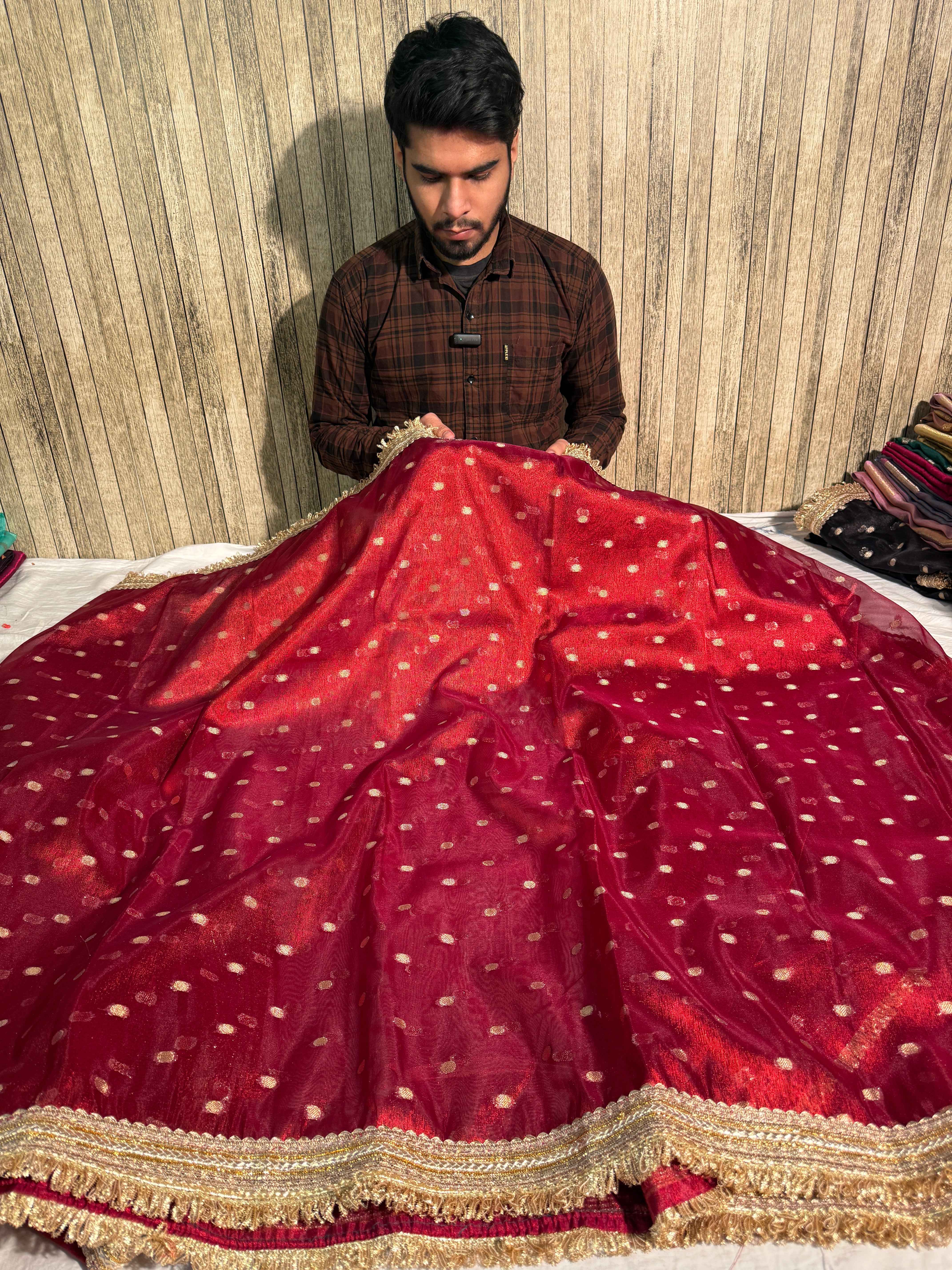 Ready To Wear Metallic Maroon Tissue Silk Saree with Lace Attached
