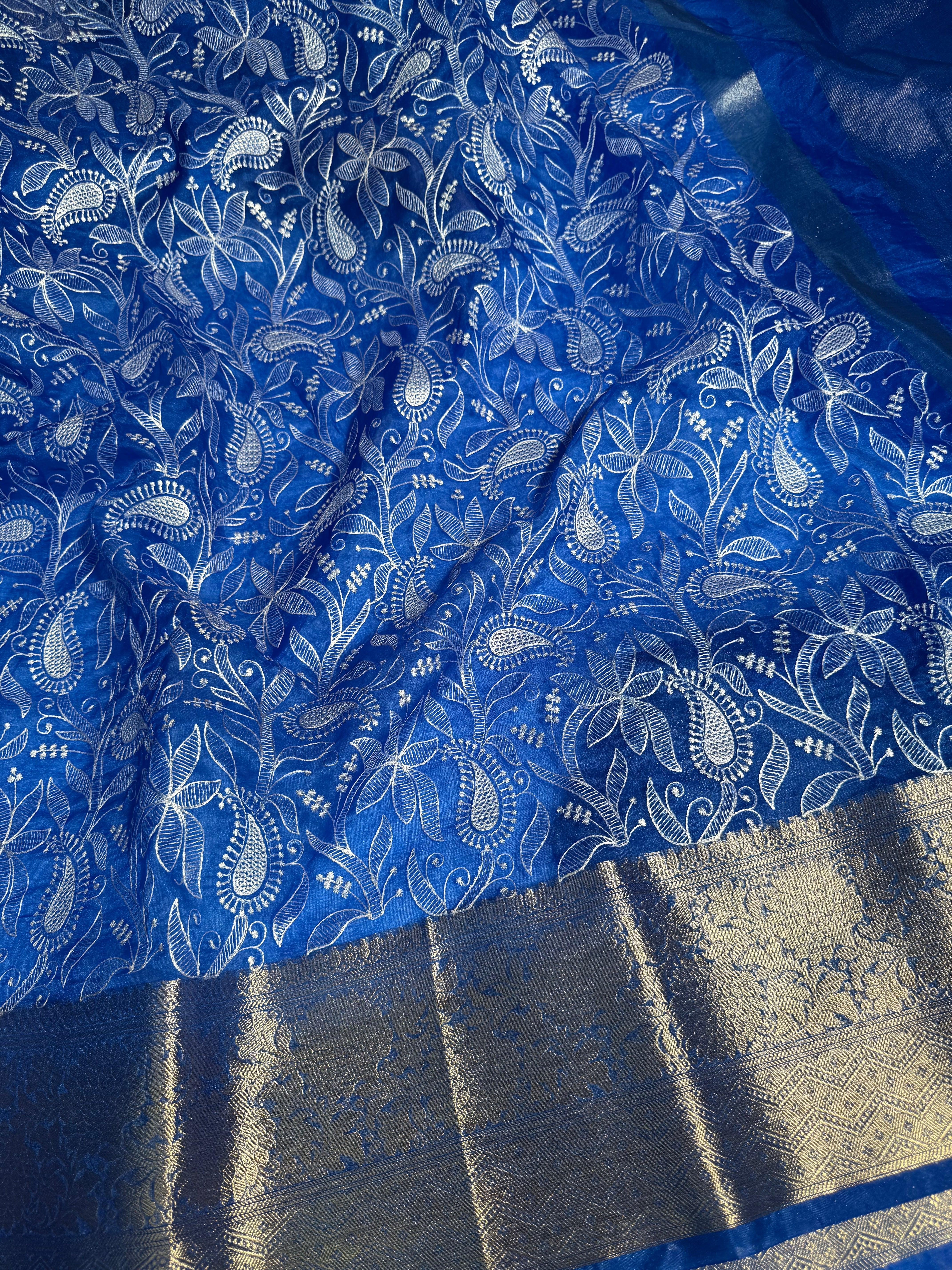 Premium Chikankari Royal Blue Organza Silk Banarasi Saree