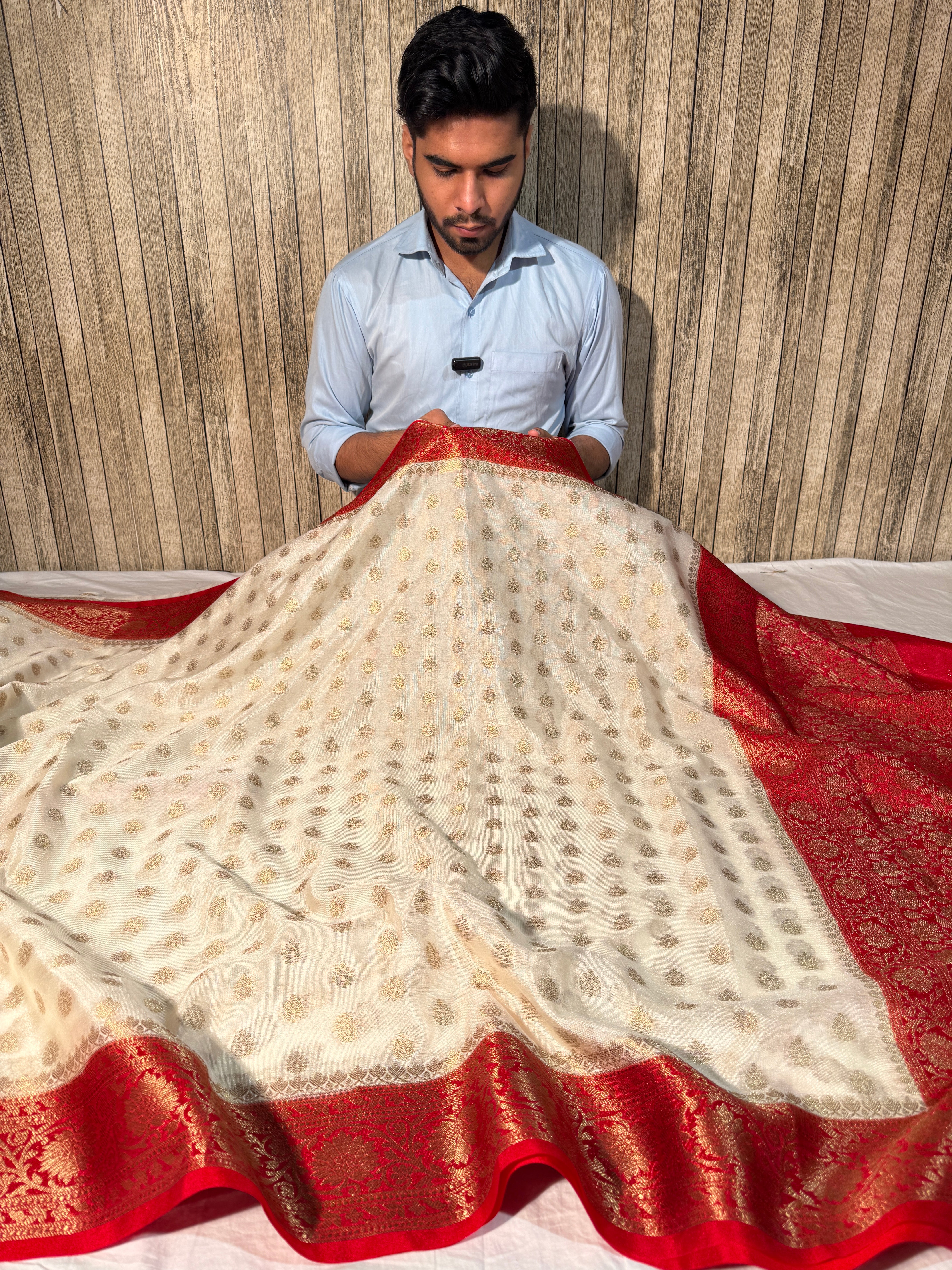 Cream with Red Premium Georgette Banarasi Saree with Khaddi Buti Weave