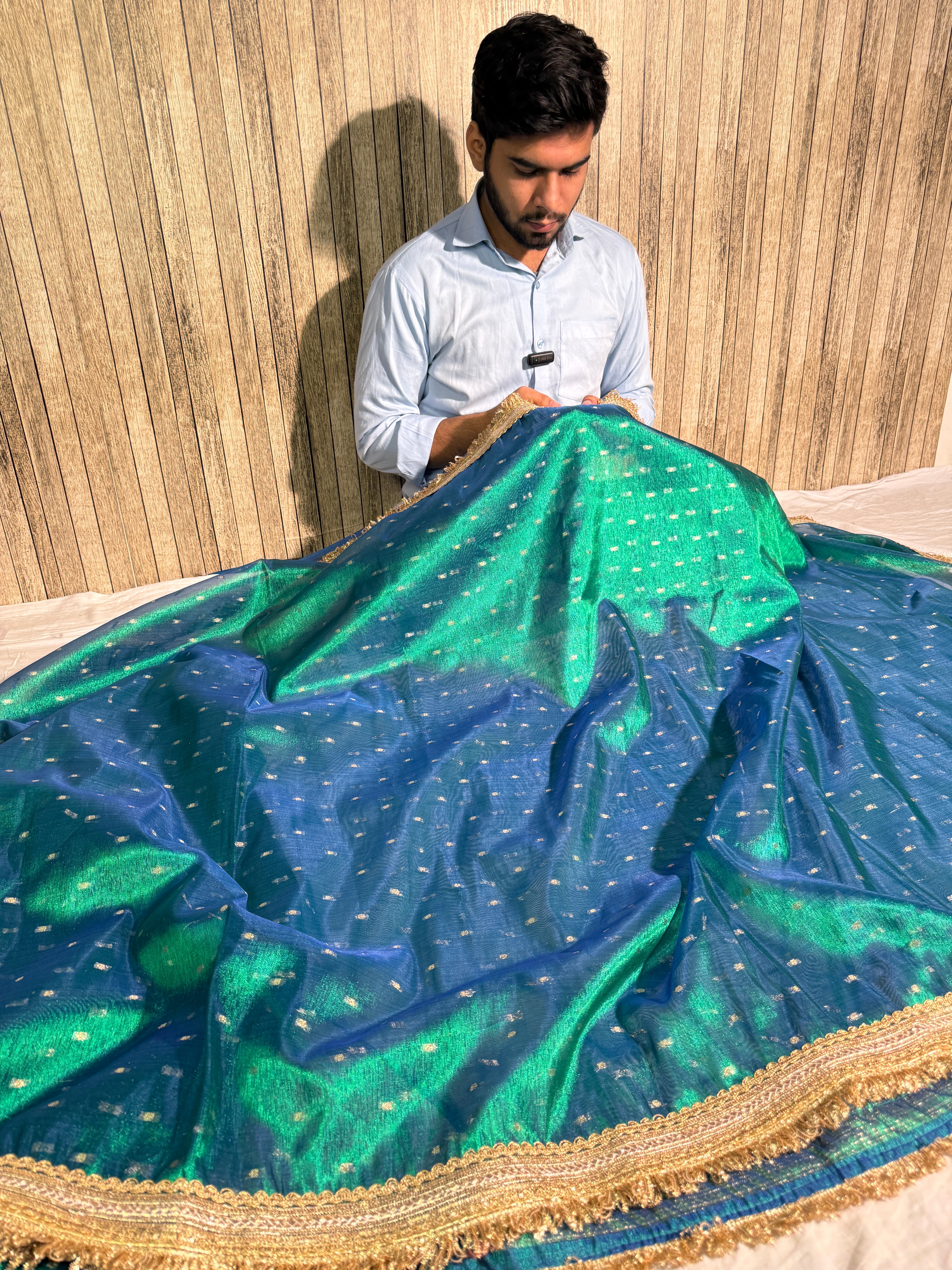 Metallic Sapphire Green Premium Tissue Silk Lace Attached Banarasi Saree