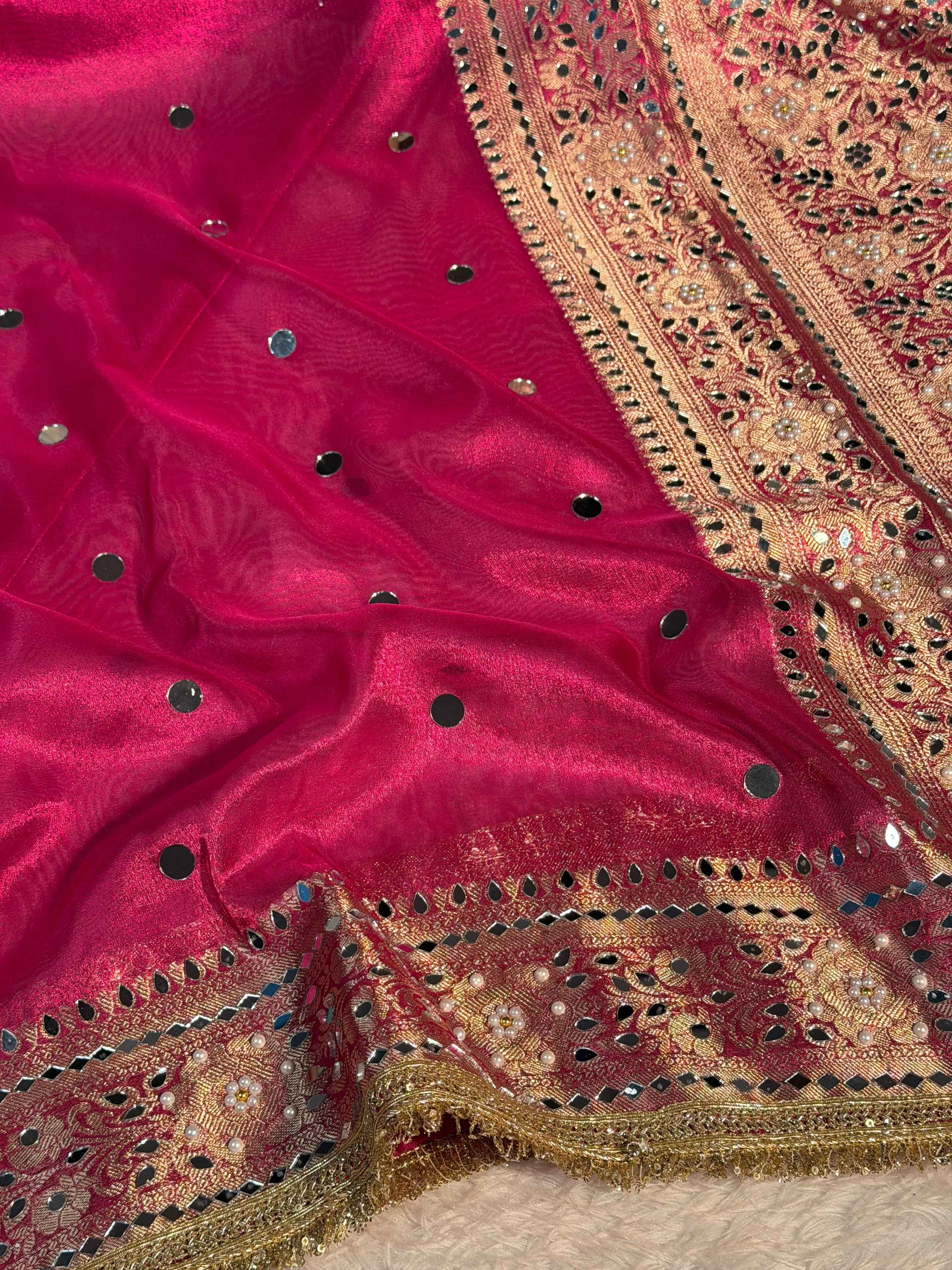 Metallic Rani Pink Premium Tissue Silk Saree Hand Mirror Work with Lace Attached