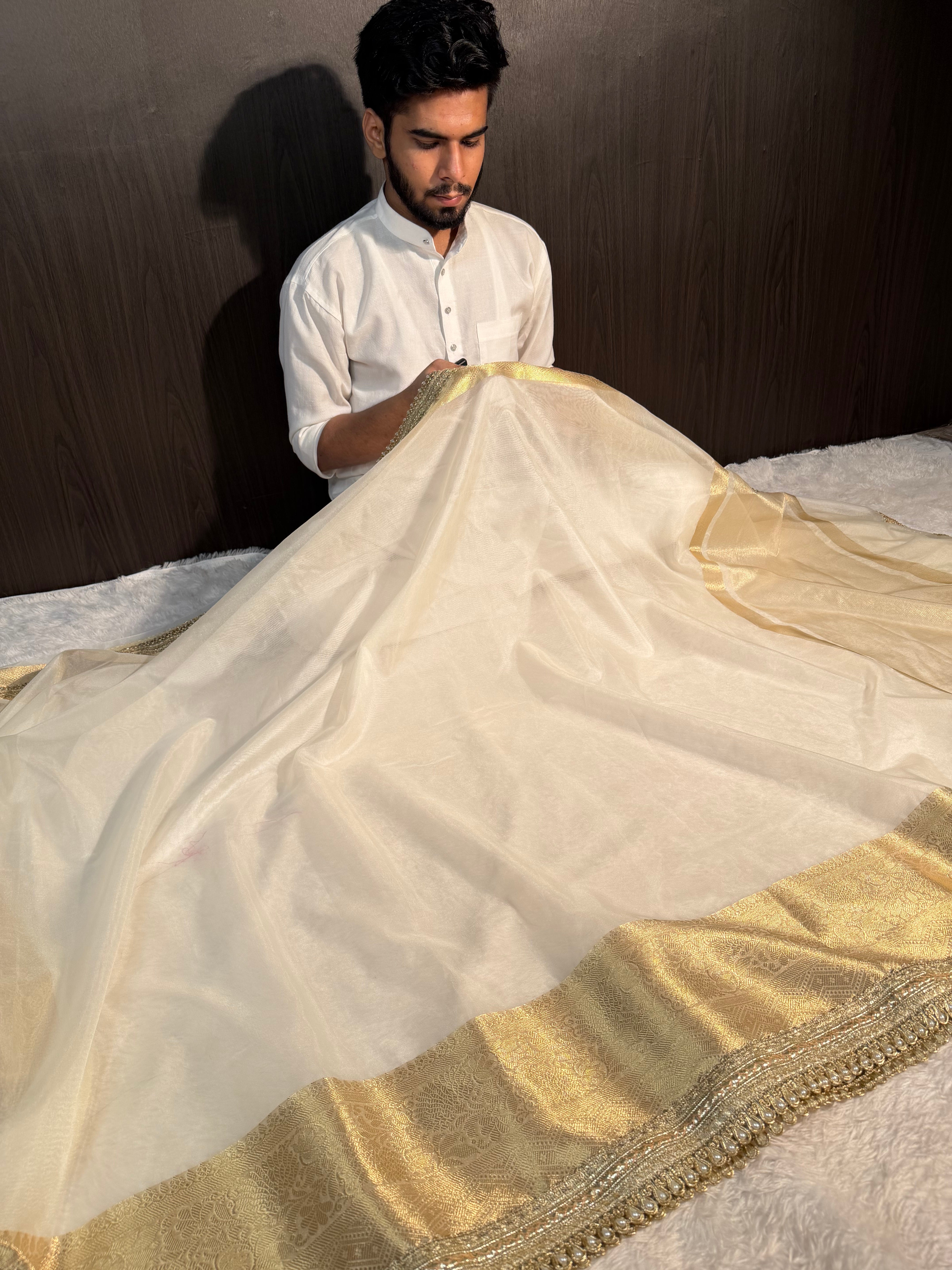 Light Cream Premium Organza Silk Banarasi Saree with Moti Lace