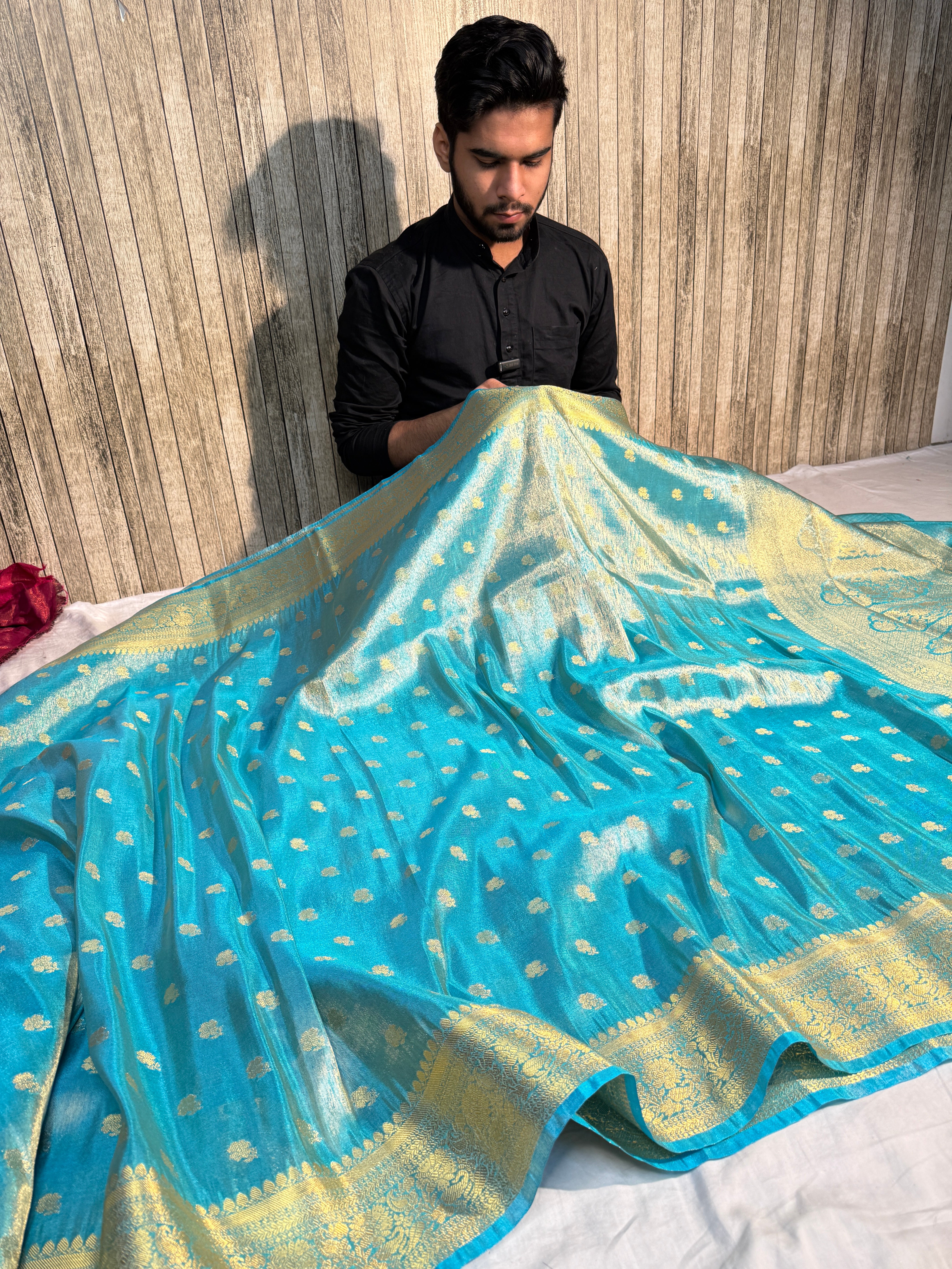 Metallic Firozi Premium Breathable Soft Tissue Silk Banarasi Saree