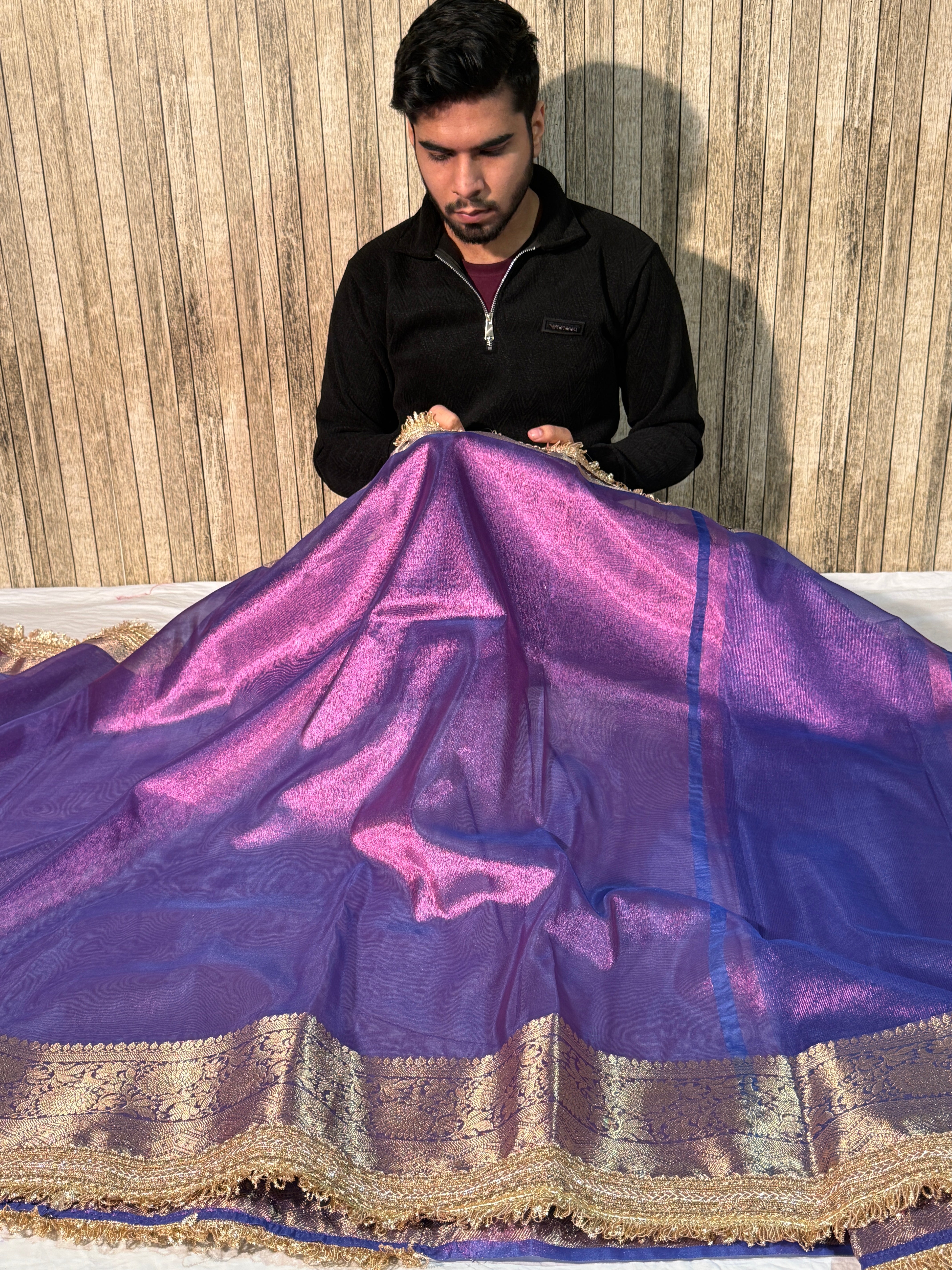 Rare Baigani Premium Tissue Silk Lace Work Banarasi Saree