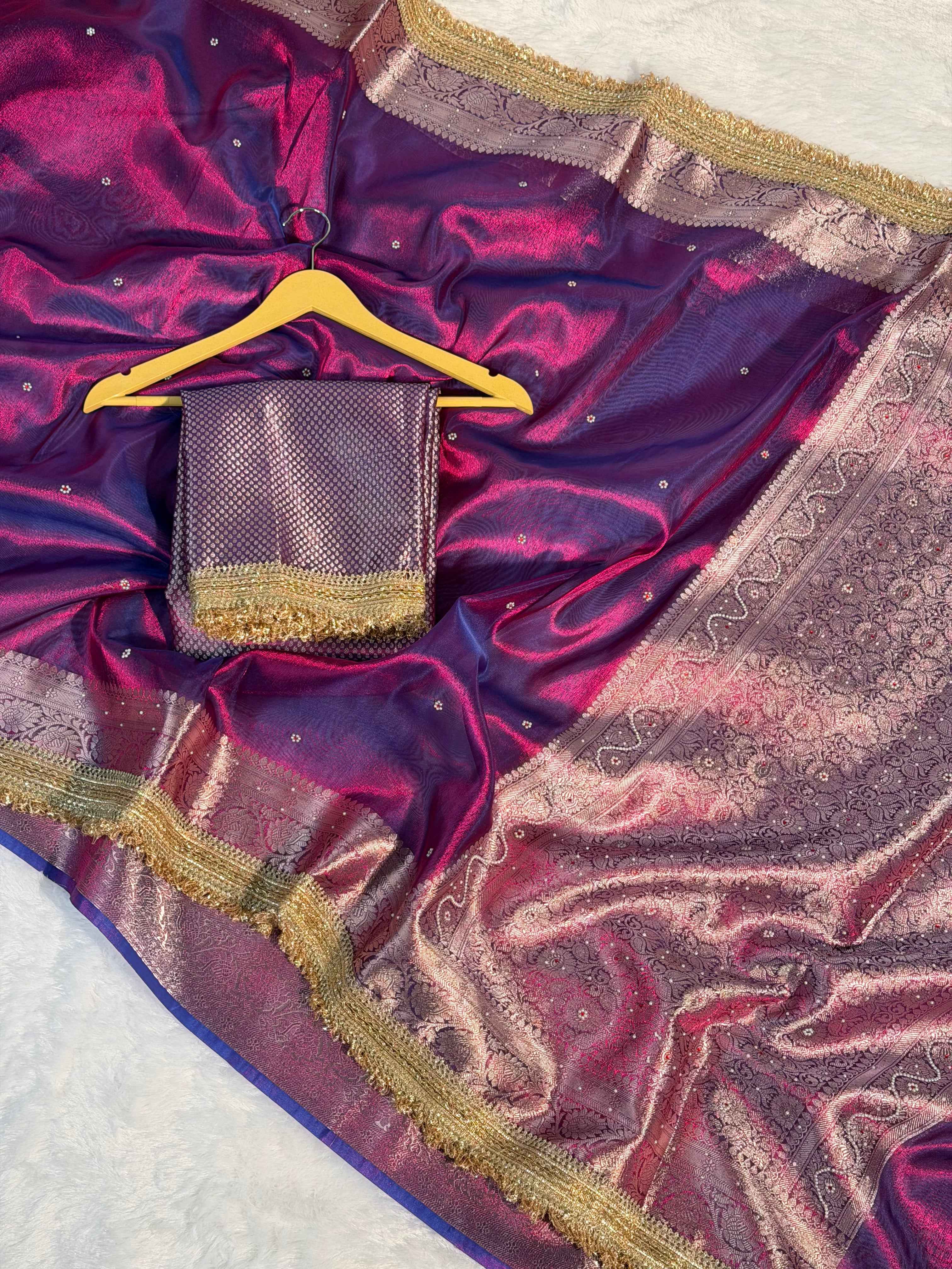 Rare Baigani Premium Tissue Silk Saree Hand Moti Stone Work with Lace Attached