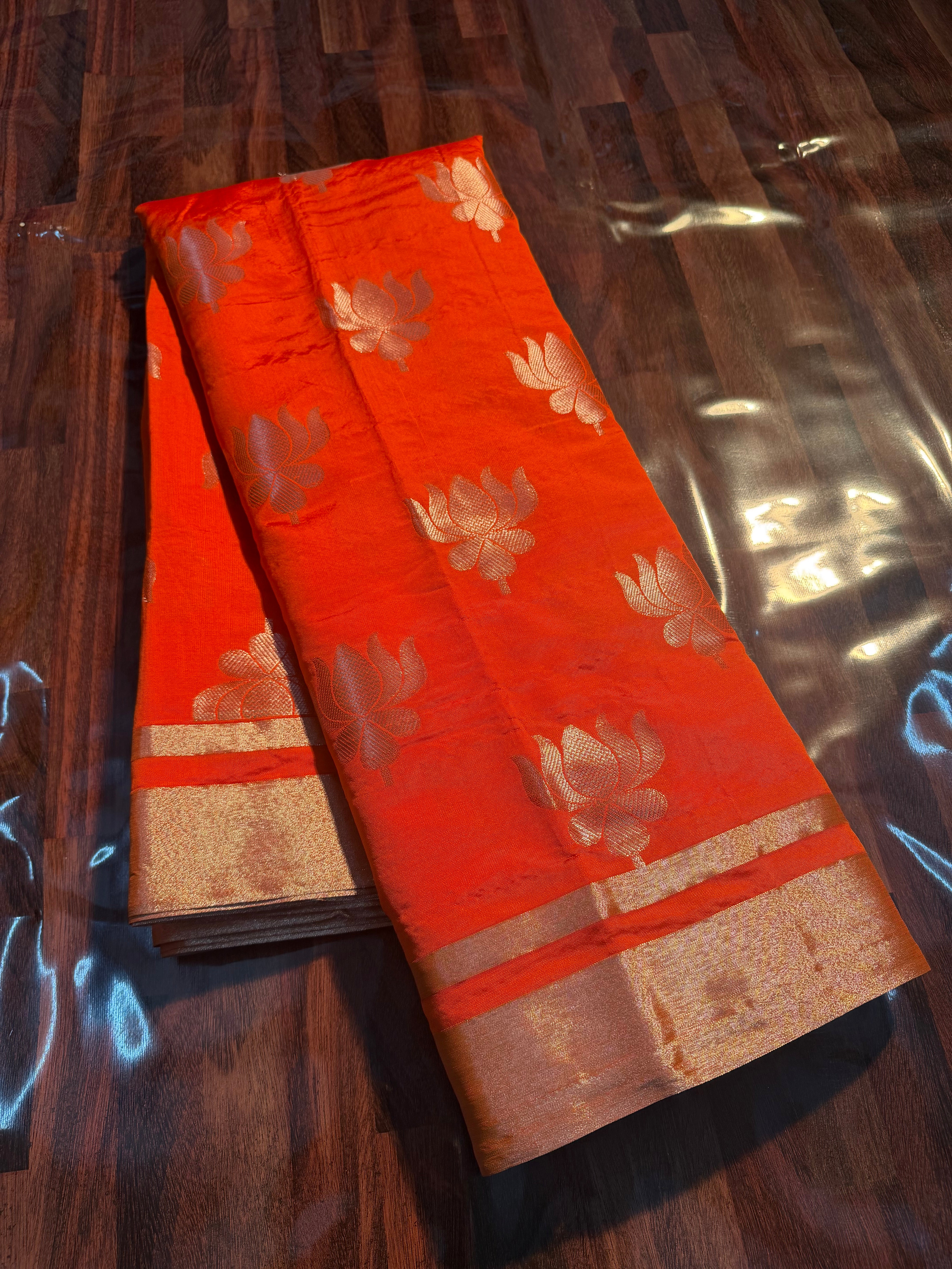 Orange Premium Soft Katan Silk Banarasi Saree with Lotus Buta Weave