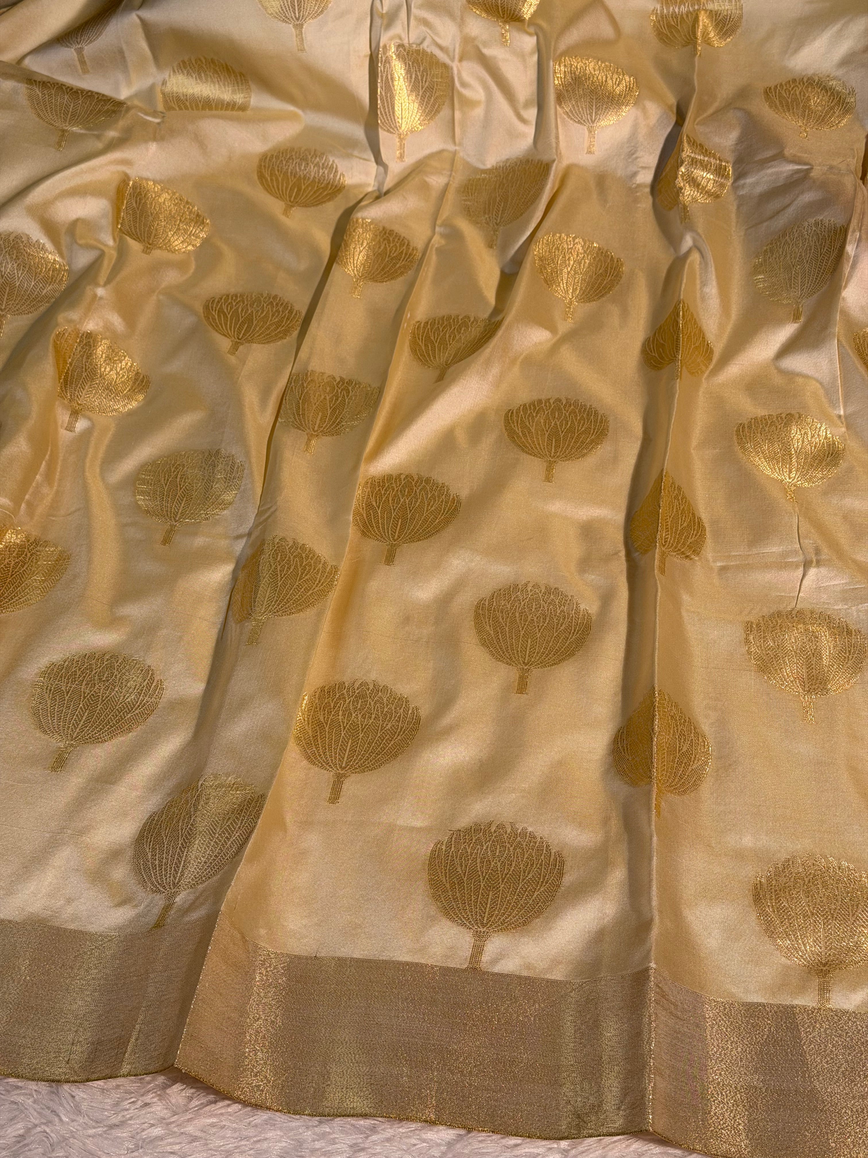 Ready To Wear Cream Bridal Katan Silk Banarasi Saree
