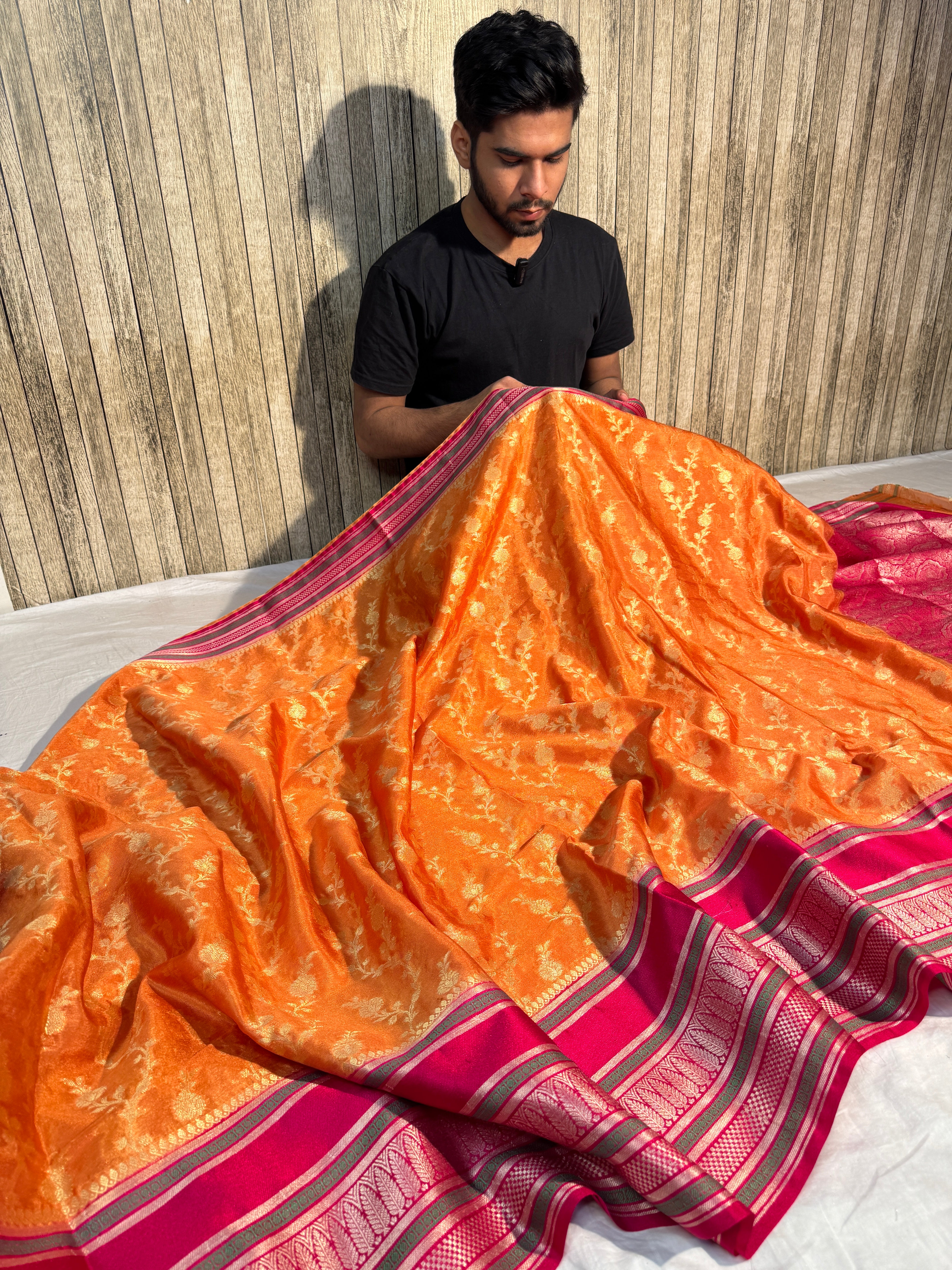 Contrast Orange with Pink Premium Soft Banarasi Chiniya Silk Saree